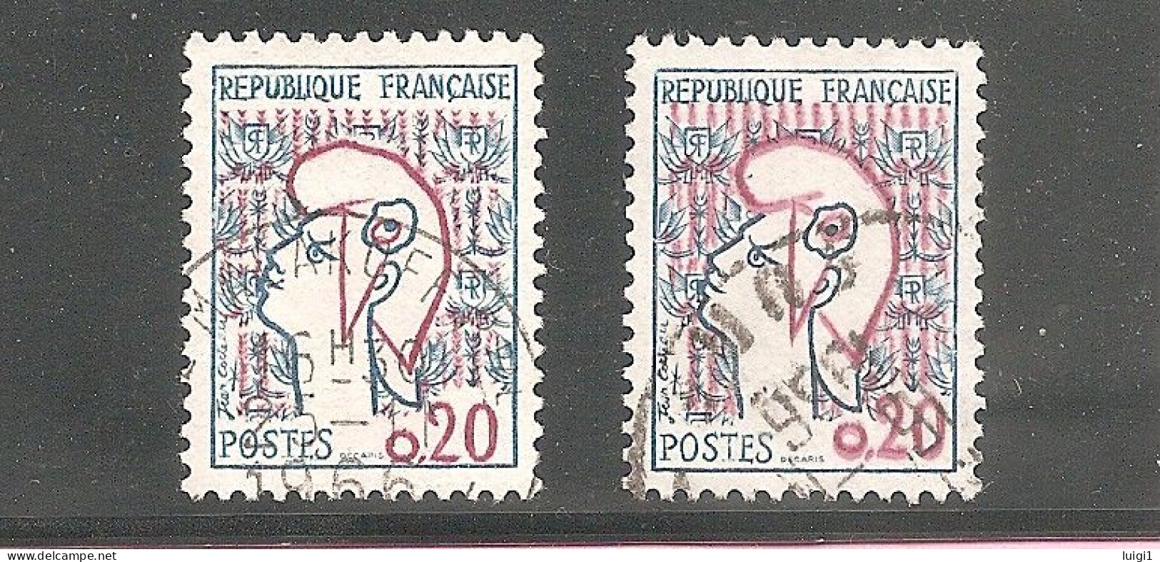 Marianne De COCTEAU.  Y&T N° 1282a - 20 C Bleu Et Rouge X 2 > Type II. Oblitérés. - 1961 Marianne (Cocteau)