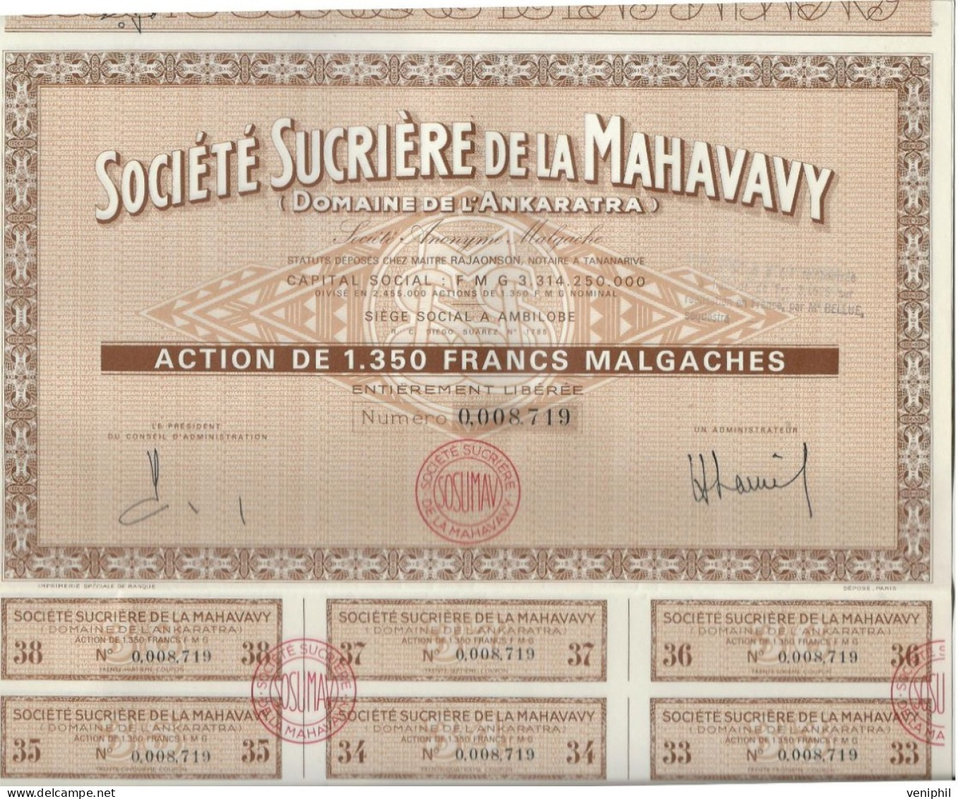 SOCIETE SUCRIERE DE LA MAHAVAVY -SOCIETE ANONYME MALGACHE - LOT DE 3  ACTION DE 1350 FRS MALGACHES - - Afrique