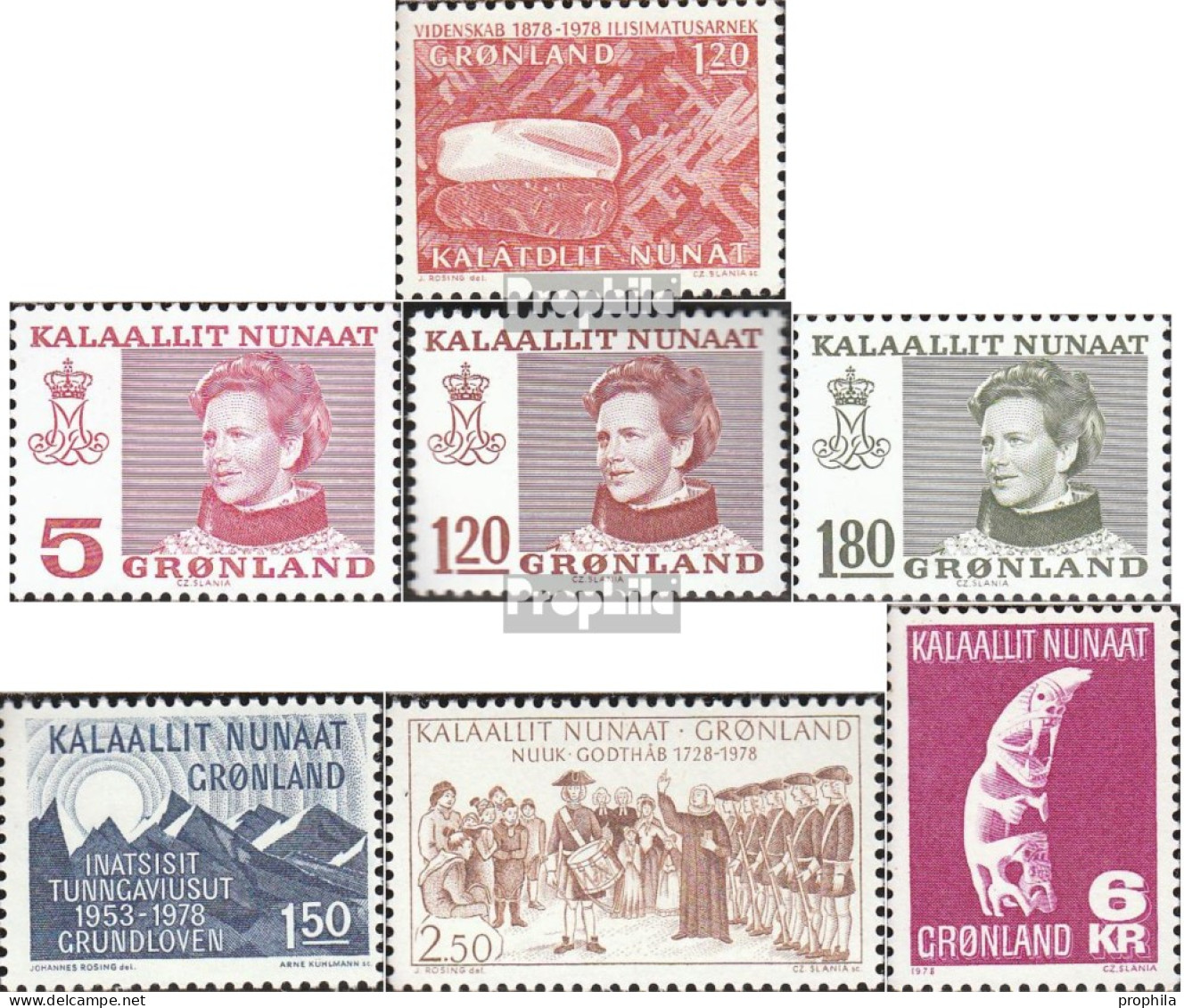 Dänemark - Grönland 105-111 (kompl.Ausg.) Jahrgang 1978 Komplett Postfrisch 1978 Wissenschaft, Margrethe,u.a. - Neufs