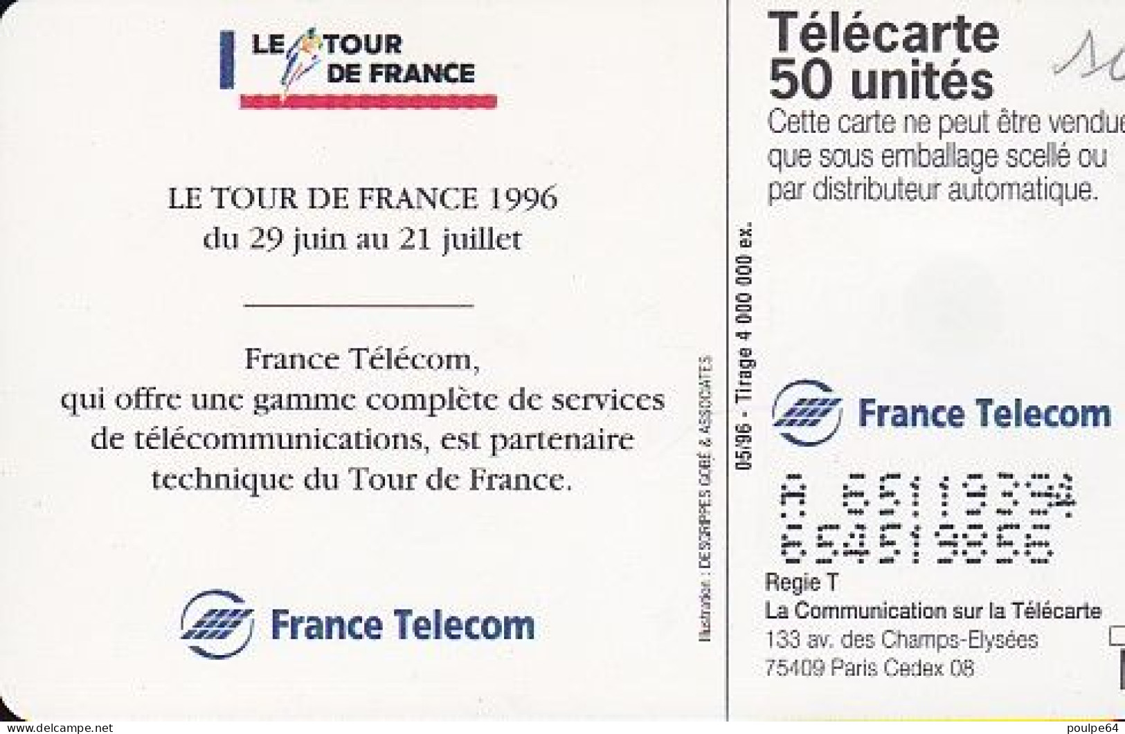 F653 05/1996 - TOUR DE FRANCE 96 - 50 SO3 - (verso : N° Impacts Deux Ligne Centrées) - 1996