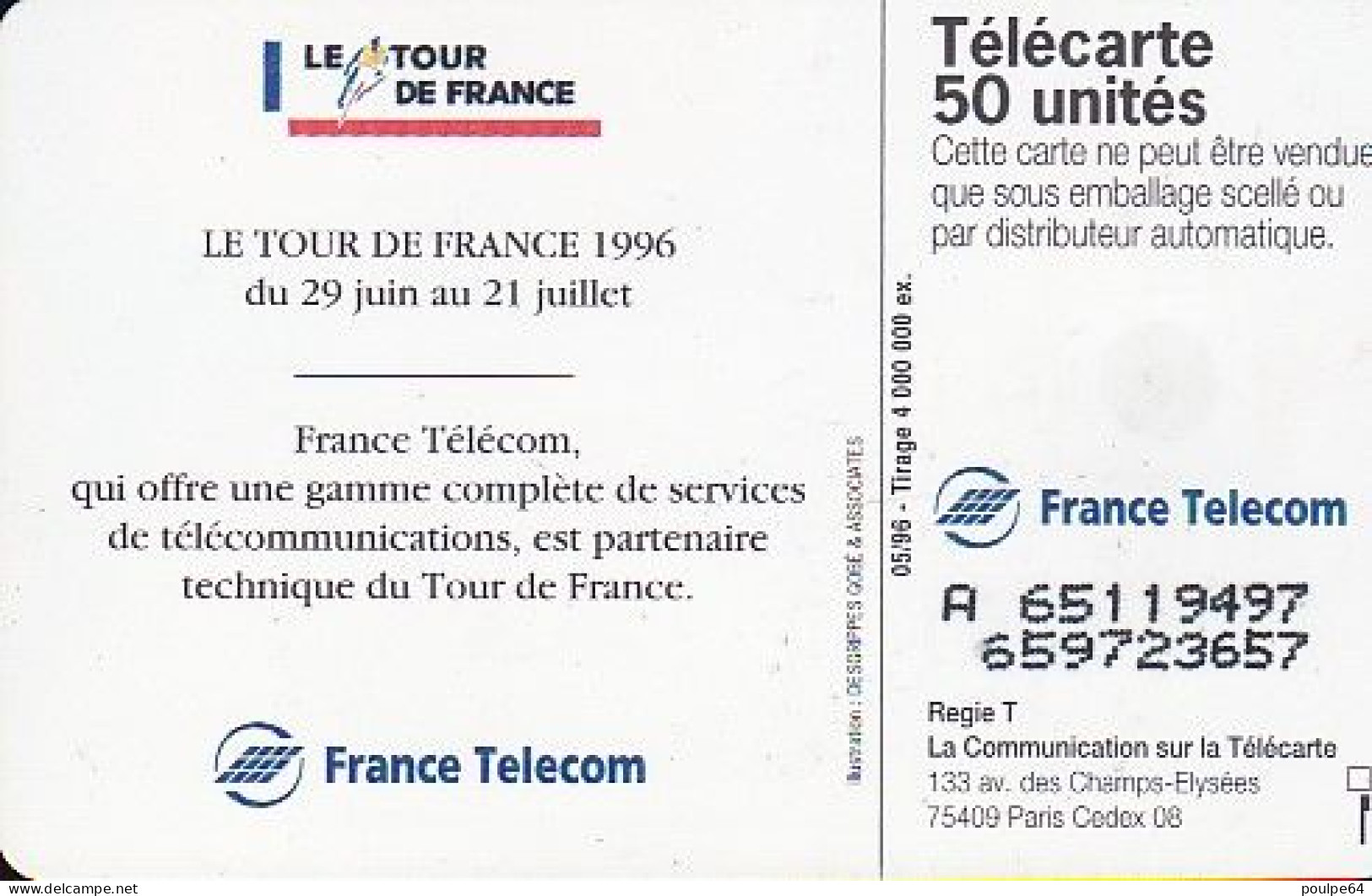 F653 05/1996 - TOUR DE FRANCE 96 - 50 SO3 - (verso : N° Deux Lignes - 2ème Ligne Vers La Droite) - 1996