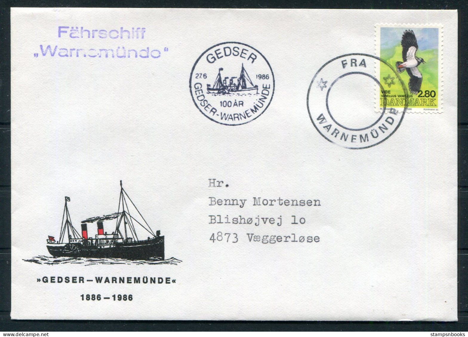 1986 Denmark Germany "Fra Warnemünde" Paquebot Gedser Fahrschiff "Warnemünde" Ship Cover. 2.80kr Birds - Lettres & Documents