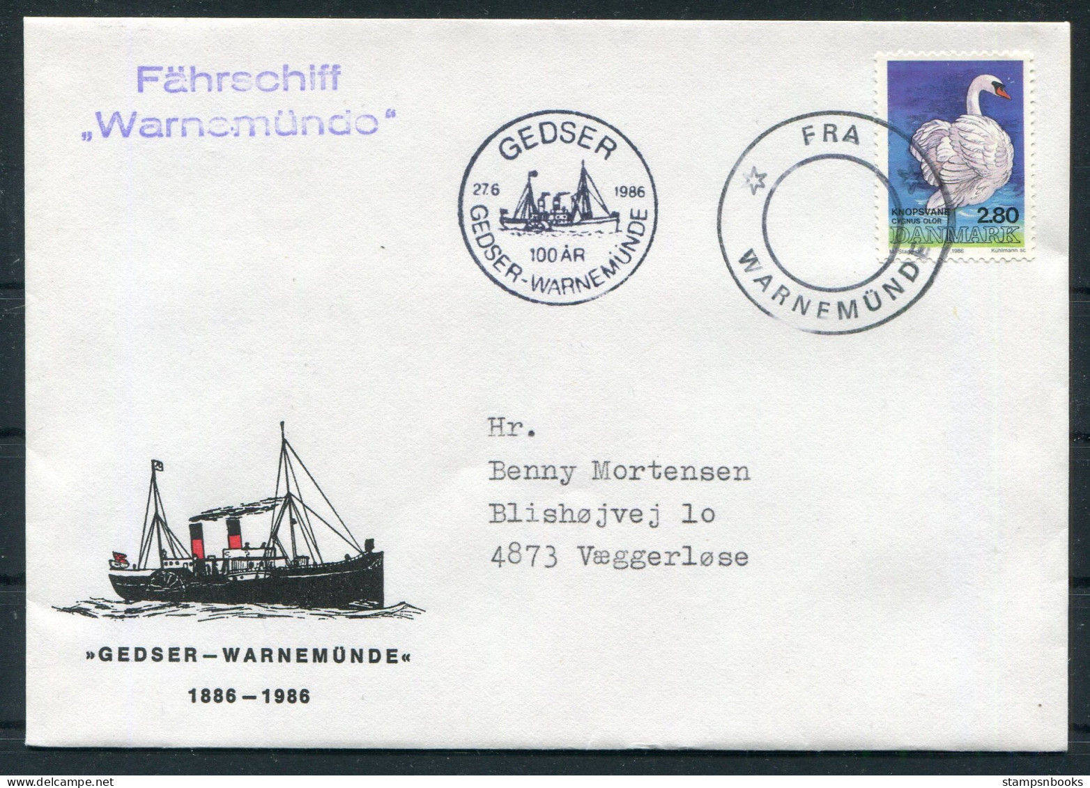 1986 Denmark Germany "Fra Warnemünde" Paquebot Gedser Fahrschiff "Warnemünde" Ship Cover. 2.80kr Birds - Covers & Documents