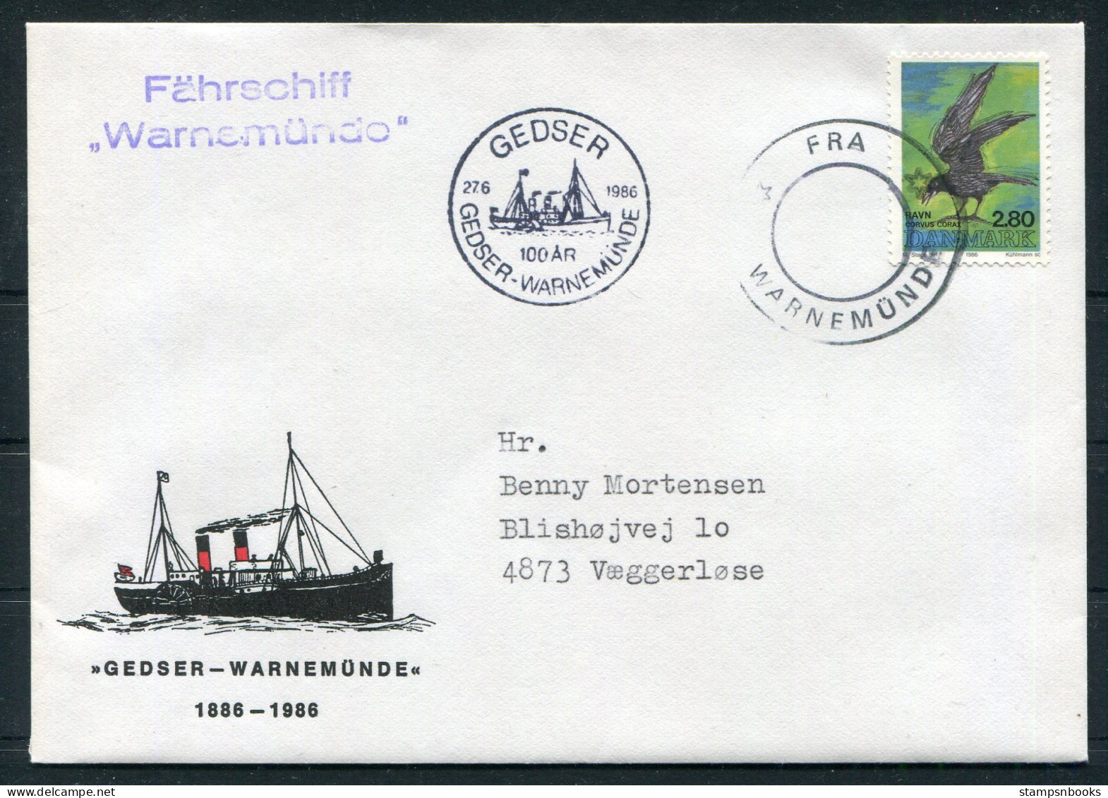 1986 Denmark Germany "Fra Warnemünde" Paquebot Gedser Fahrschiff "Warnemünde" Ship Cover. 2.80kr Birds - Briefe U. Dokumente