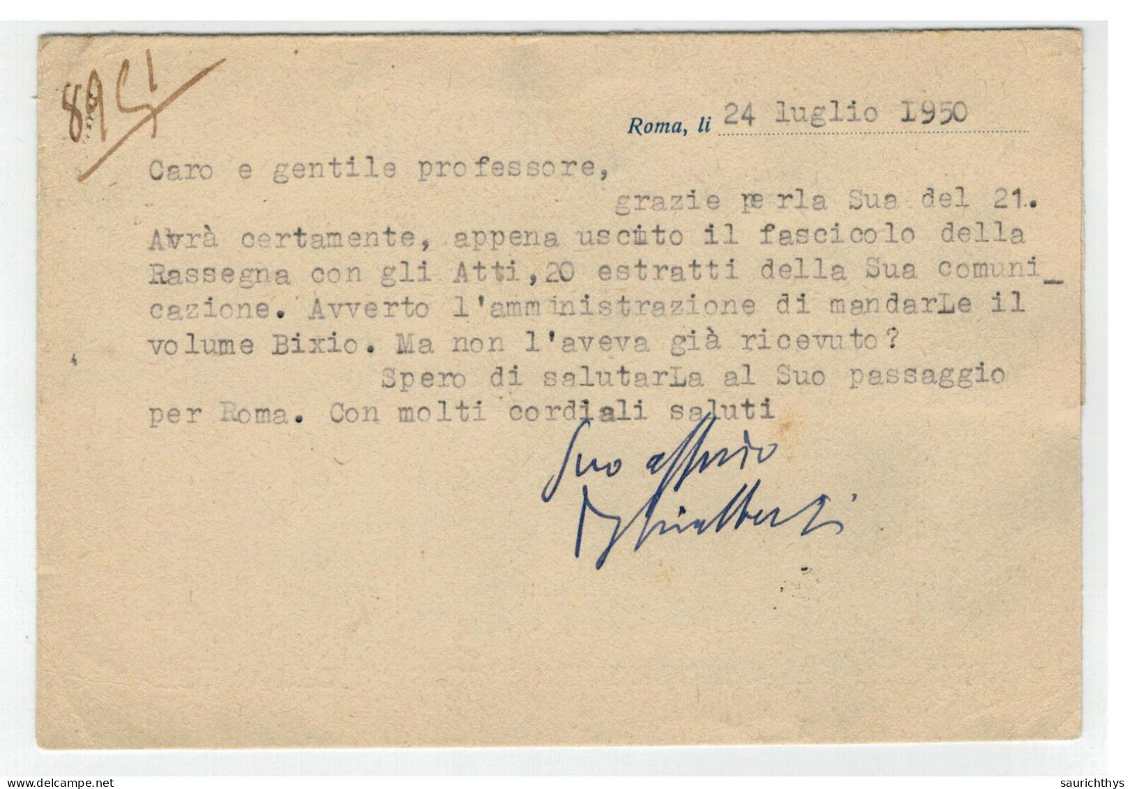 Cartolina Con Autografo Dello Storico Alberto Maria Ghisalberti Da Milano Istituto Per Storia Del Risorgimento Italiano - Personaggi Storici