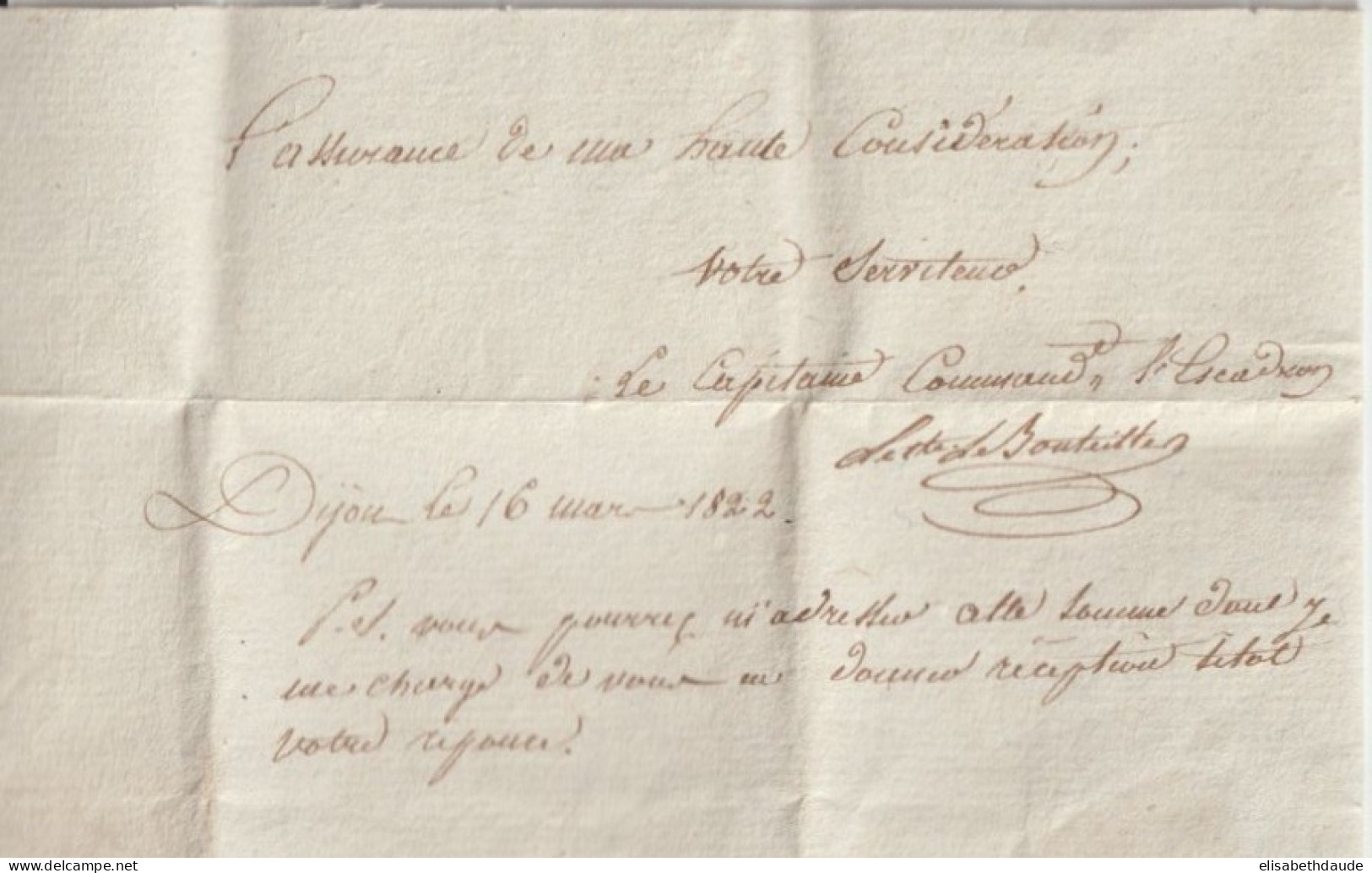 1822 - CAPITAINE Des CUIRASSIERS DE LA REINE ! LETTRE De DIJON (TEXTE !)  => ANDLAU (ALSACE) - Legerstempels (voor 1900)