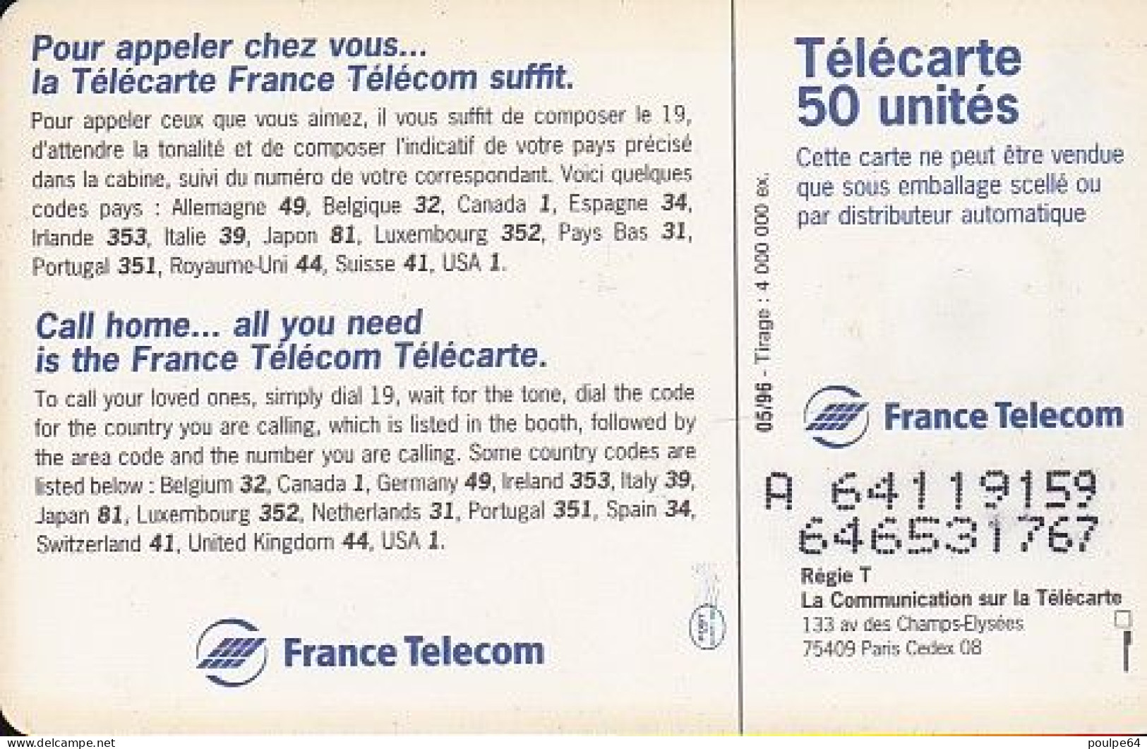 F656 05/1996 - TÉLÉCARTE - CALL HOME 96 - 50 SO3 - (verso : N° Impacts Deux Lignes - 2ème Ligne Vers La Droite) - 1996