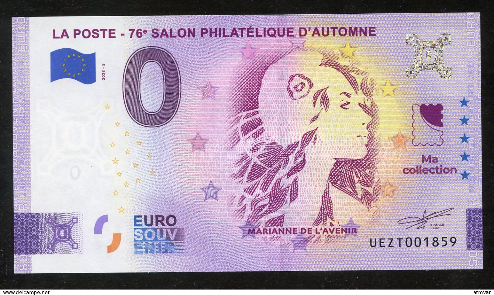 FRANCE (2023) Billet Touristique Euro Souvenir - Marianne De L'Avenir - La Poste 76e Salon Philatélique D'Automne Paris - Fiktive & Specimen