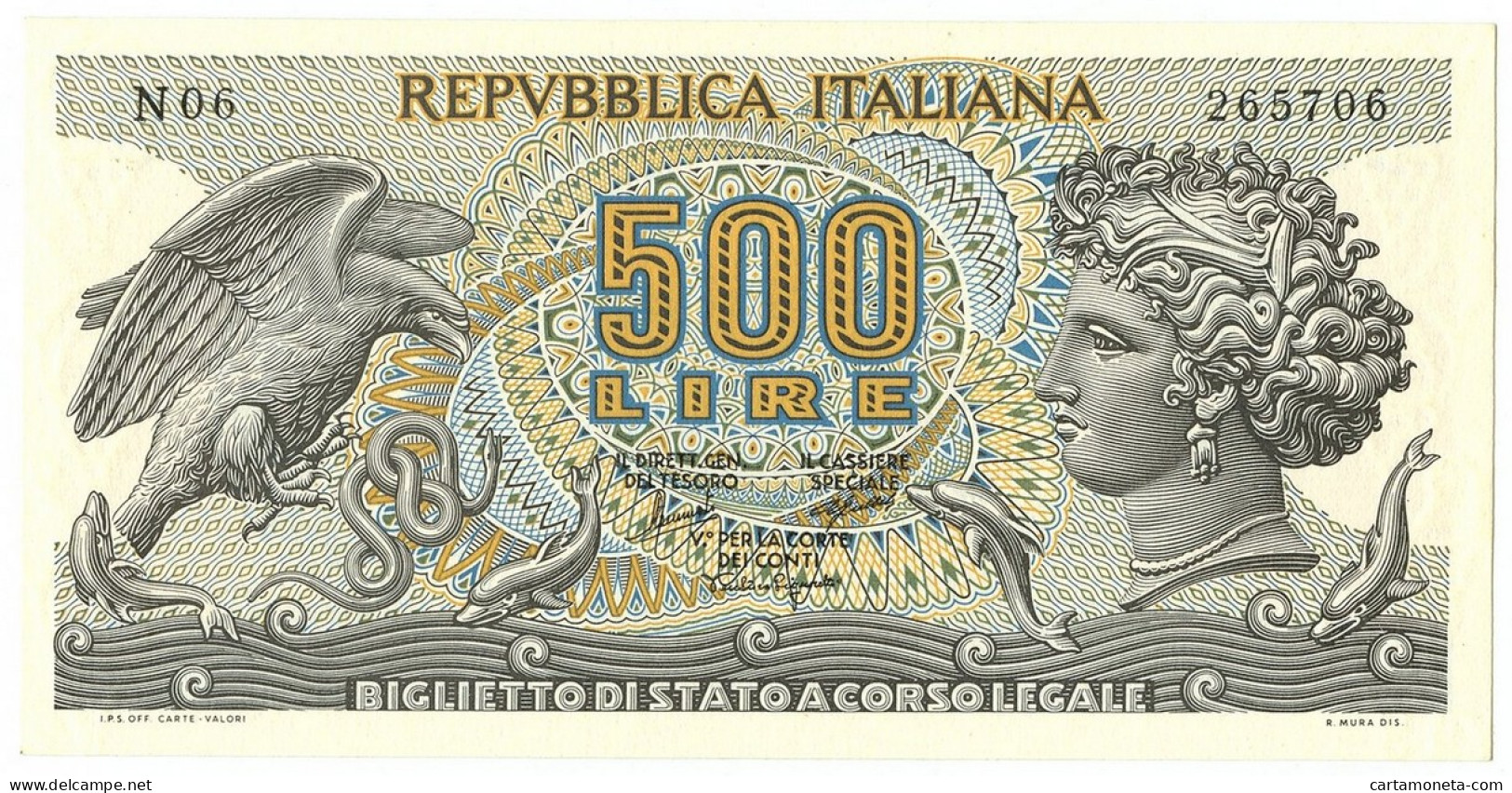 500 LIRE BIGLIETTO DI STATO ARETUSA 20/06/1966 FDS - Autres & Non Classés