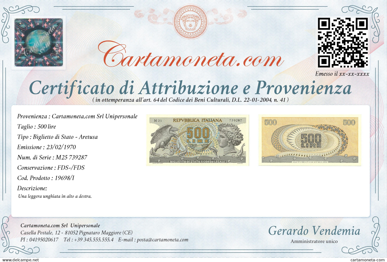 500 LIRE BIGLIETTO DI STATO ARETUSA 23/02/1970 FDS-/FDS - Andere & Zonder Classificatie