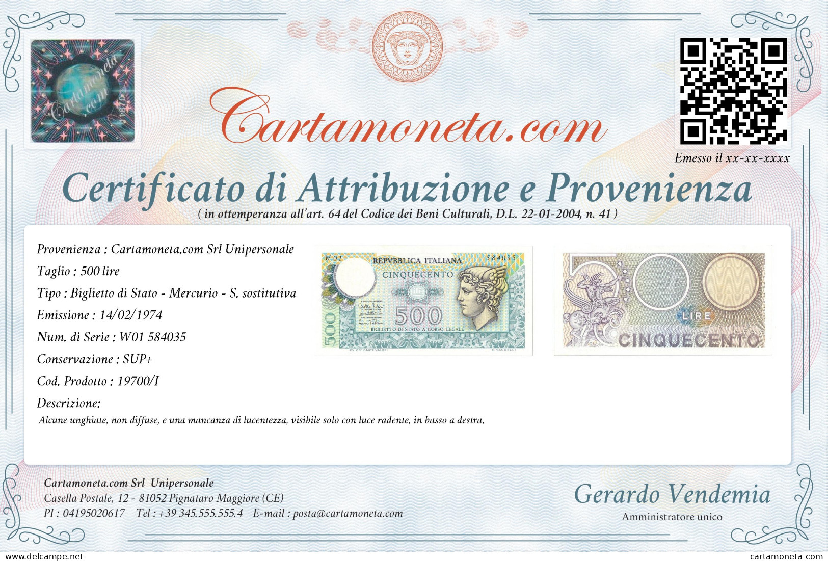 500 LIRE BIGLIETTO DI STATO MERCURIO SERIE SOSTITUTIVA 14/02/1974 SUP+ - Other & Unclassified