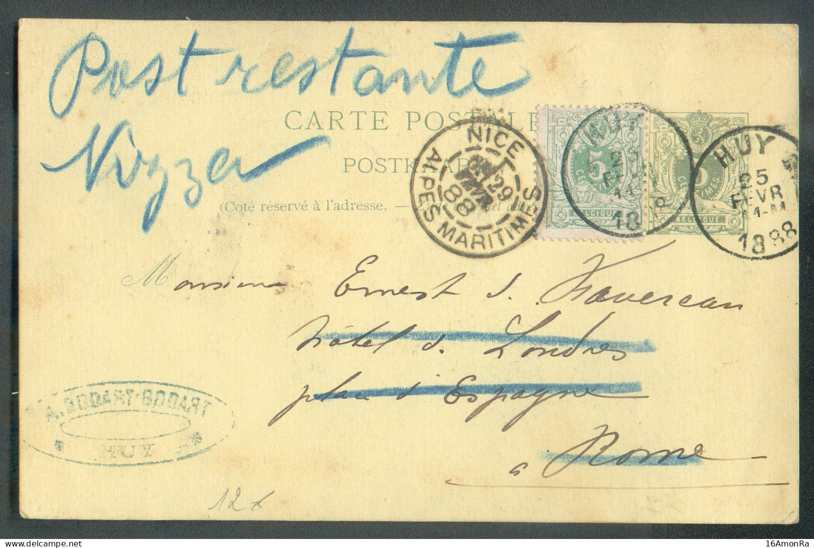 N°45 - 5c. En Affr. Complémentaire Sur EP Carte 5c. Obl; Sc HUY 25 Février 1888 Vers Rome (biffé) Et Suivi Vers Nice (po - Postcards 1871-1909