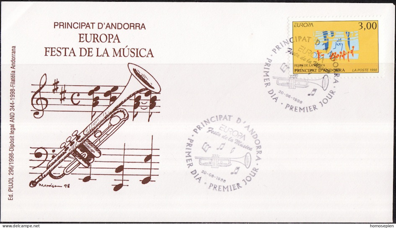 Europa CEPT 1998 Andorre Français - Andorra FDC2 Y&T N°504 - Michel N°525 - 3f EUROPA - 1998