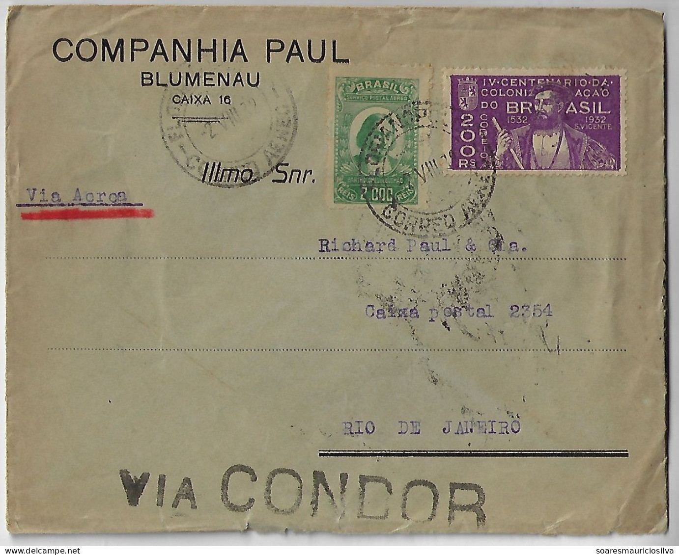 Brazil 1932 Cover Florianópolis Blumenau Rio De Janeiro Commemorative + Airmail Stamp Cancel Condor Syndicate - Poste Aérienne (Compagnies Privées)