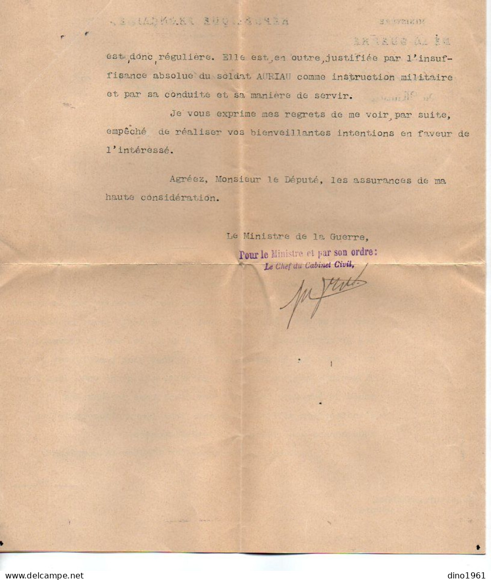 VP22.469 - MILITARIA - PARIS 1903 - Lettre Du Ministère De La Guerre à M. RIDOUARD,Député Et Concernant Le Soldat AURIAU - Documenten