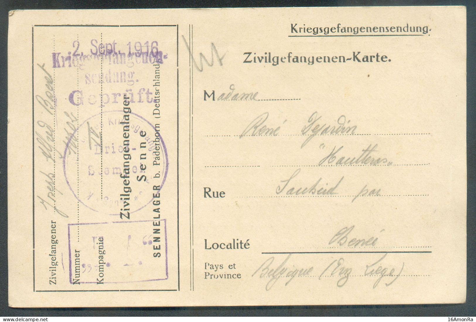 Zivilgefangene-Karte De Sennelager 2.9.16 Vers Chenée + Griffe Violette Kriegsgefangenen Sendung Geprüft + Briefstempel - Kriegsgefangenschaft