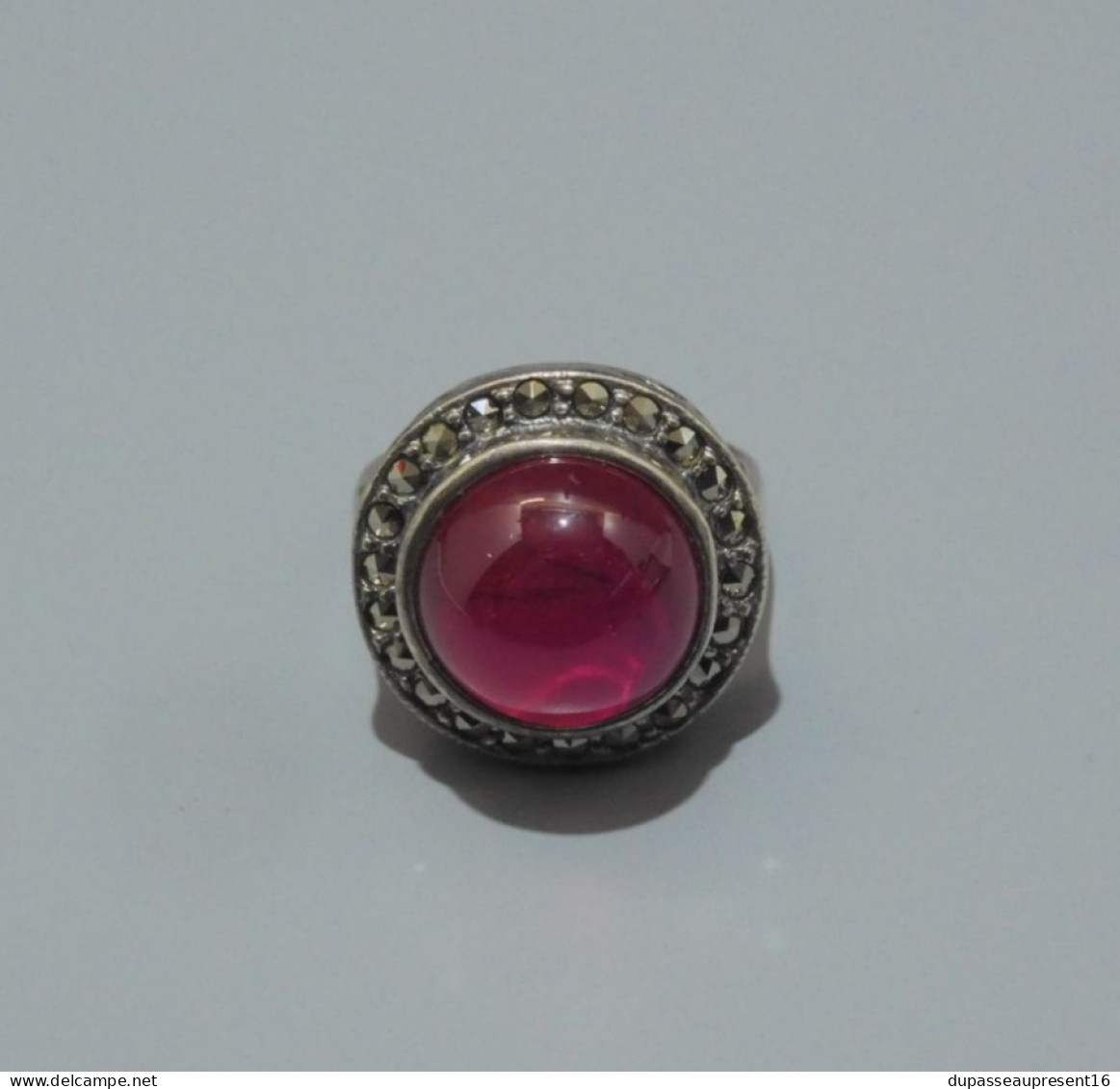 -BELLE ANCIENNE BAGUE ARGENT 925° MARCASSITES & Pierre/Cristal  Rouge BIJOU   E - Anelli