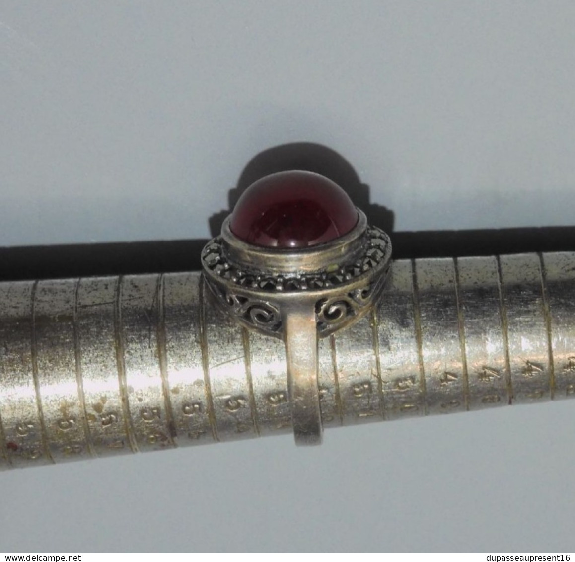 -BELLE ANCIENNE BAGUE ARGENT 925° MARCASSITES & Pierre/Cristal  Rouge BIJOU   E