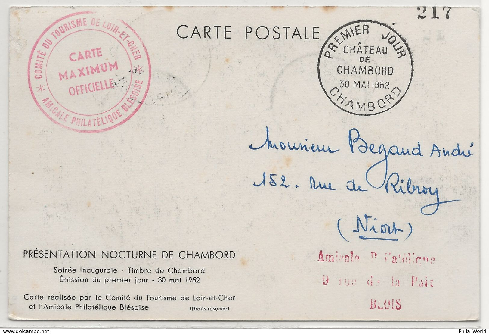 FRANCE 1952 Carte Maximum Officielle CHATEAU CHAMBORD Premier Jour GANDON Châteaux De La Loire - 1950-1959