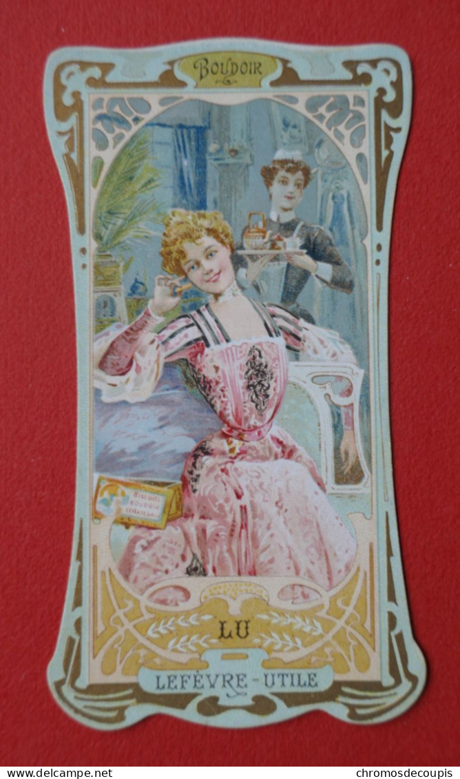 Chromo  LU  Lefevre -Utile  Osselet   Art Nouveau  Boudoir  Dame élégante Servante Plateau - Lu