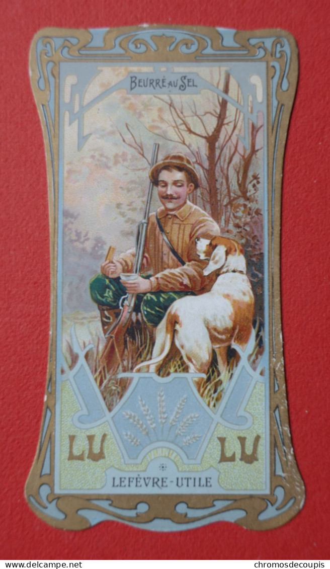 Chromo  LU  Lefevre -Utile  Osselet   Art Nouveau   Beurré Au Sel  Chasseur Et Son Chien De Chasse Fusil - Lu