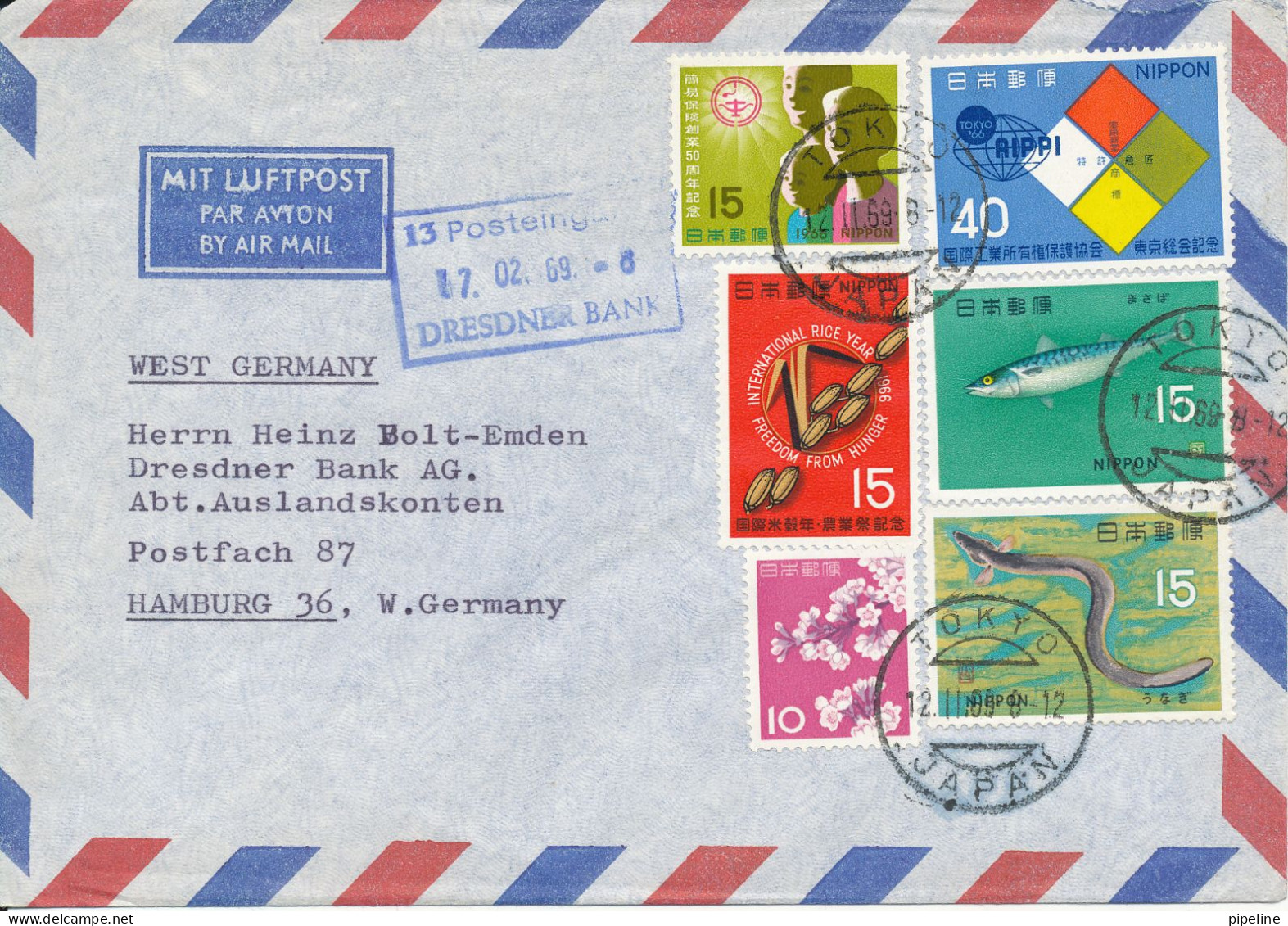 Japan Air Mail Cover Sent To Germany 12-11-1969 With  A Lot Of Stamps - Airmail