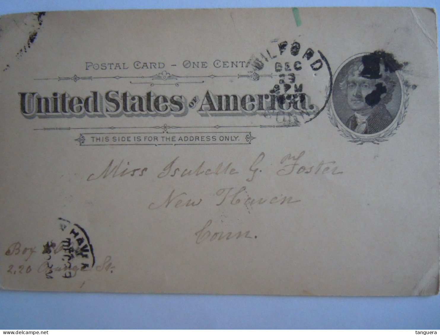 USA Dec 1899 Scott UX12 Postal Card Guilford, Conn. To New Haven Entier Ganzsache - ...-1900