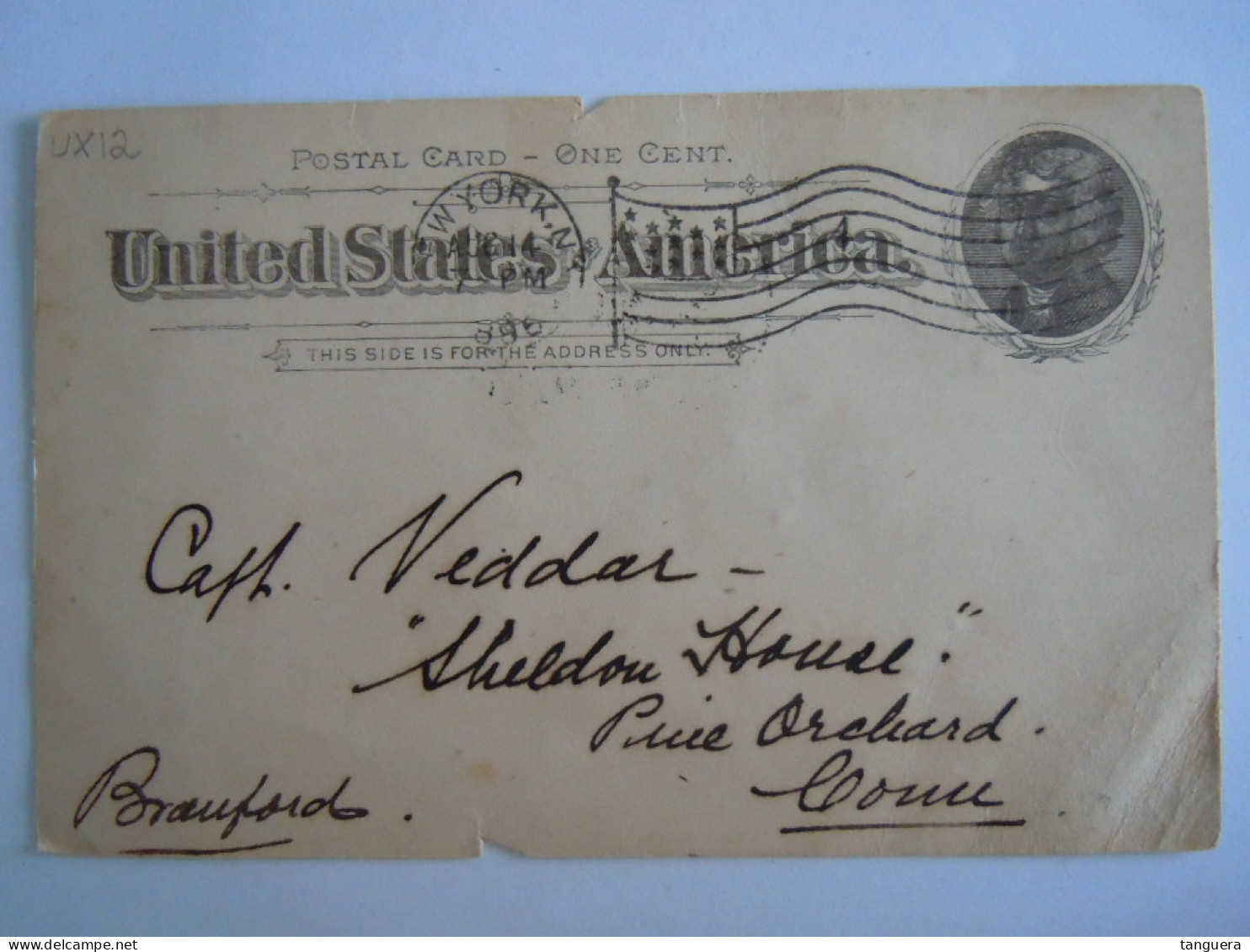 USA Aug 1896 Scott UX12 Postal Card Clayton Shipping New York To Capt. Vedder Sheldon House Branford Entier Ganzsache - ...-1900