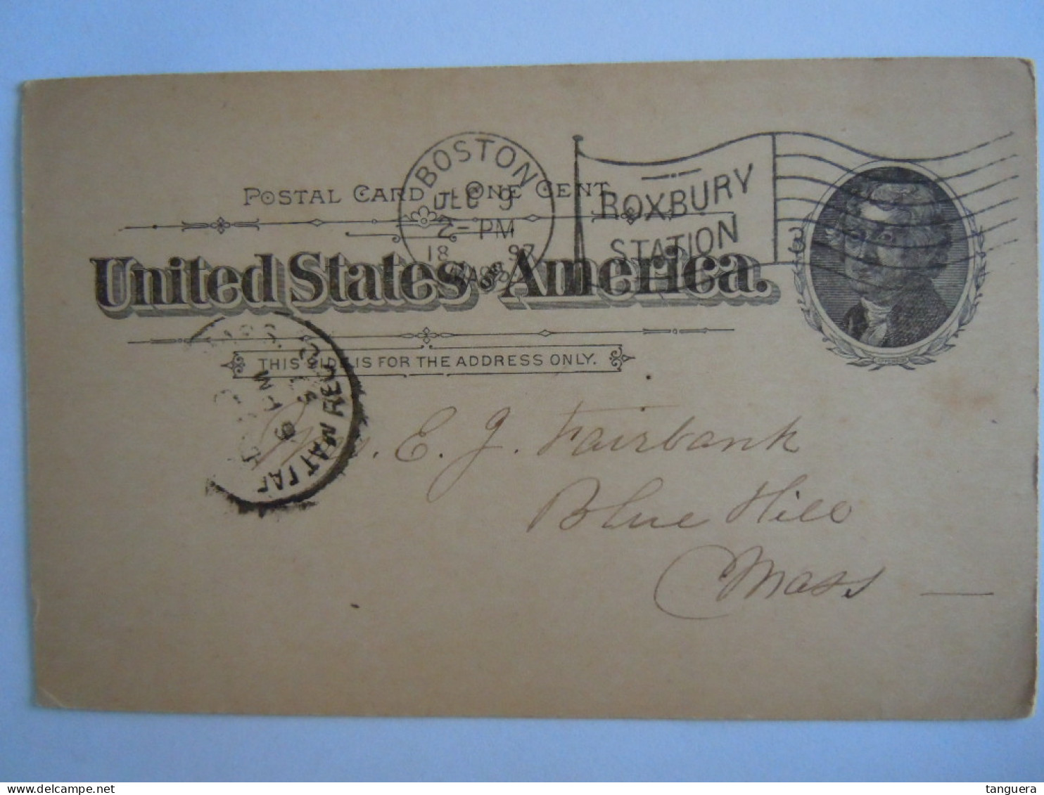 USA Oct 1897 Scott UX12 Postal Card Boston Boxbury Station To Blue Hill Mass Entier Ganzsache - ...-1900