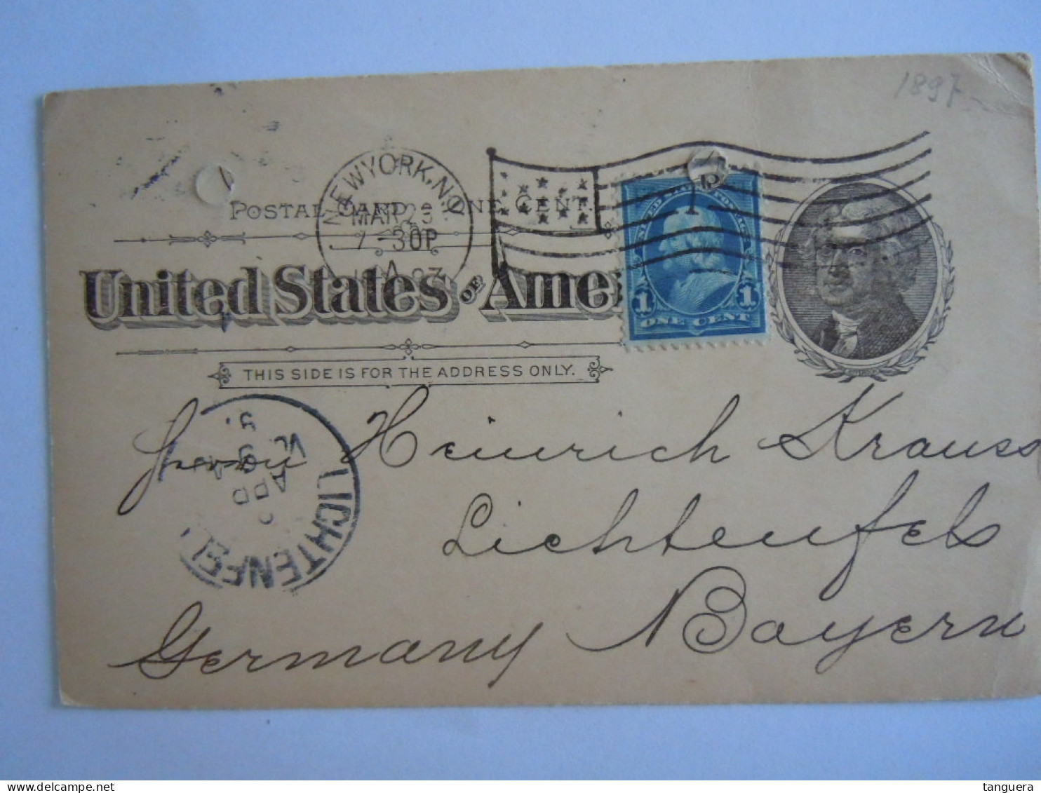 USA Mar 1897 Scott UX12 Postal Card + 264 Damaged NewYork, N.Y. To Lichtenfels Germany Entier Ganzsache - ...-1900