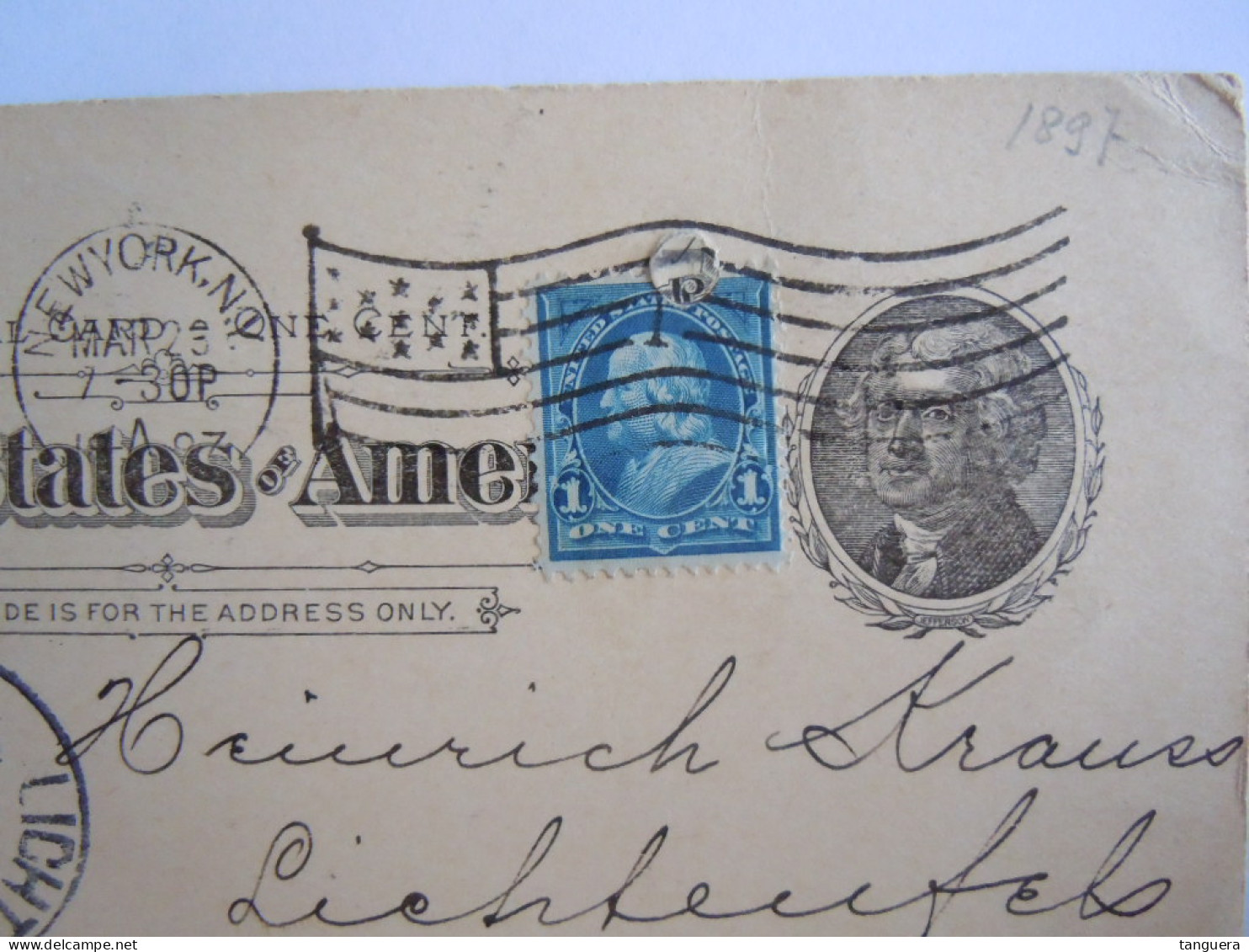 USA Mar 1897 Scott UX12 Postal Card + 264 Damaged NewYork, N.Y. To Lichtenfels Germany Entier Ganzsache - ...-1900