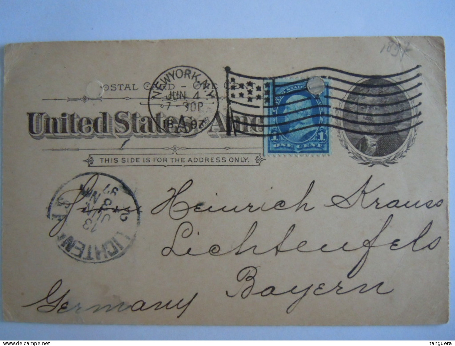 USA Jun 1897 Scott UX12 Postal Card + 264 Damaged NewYork, N.Y. To Lichtenfels Germany Entier Ganzsache - ...-1900