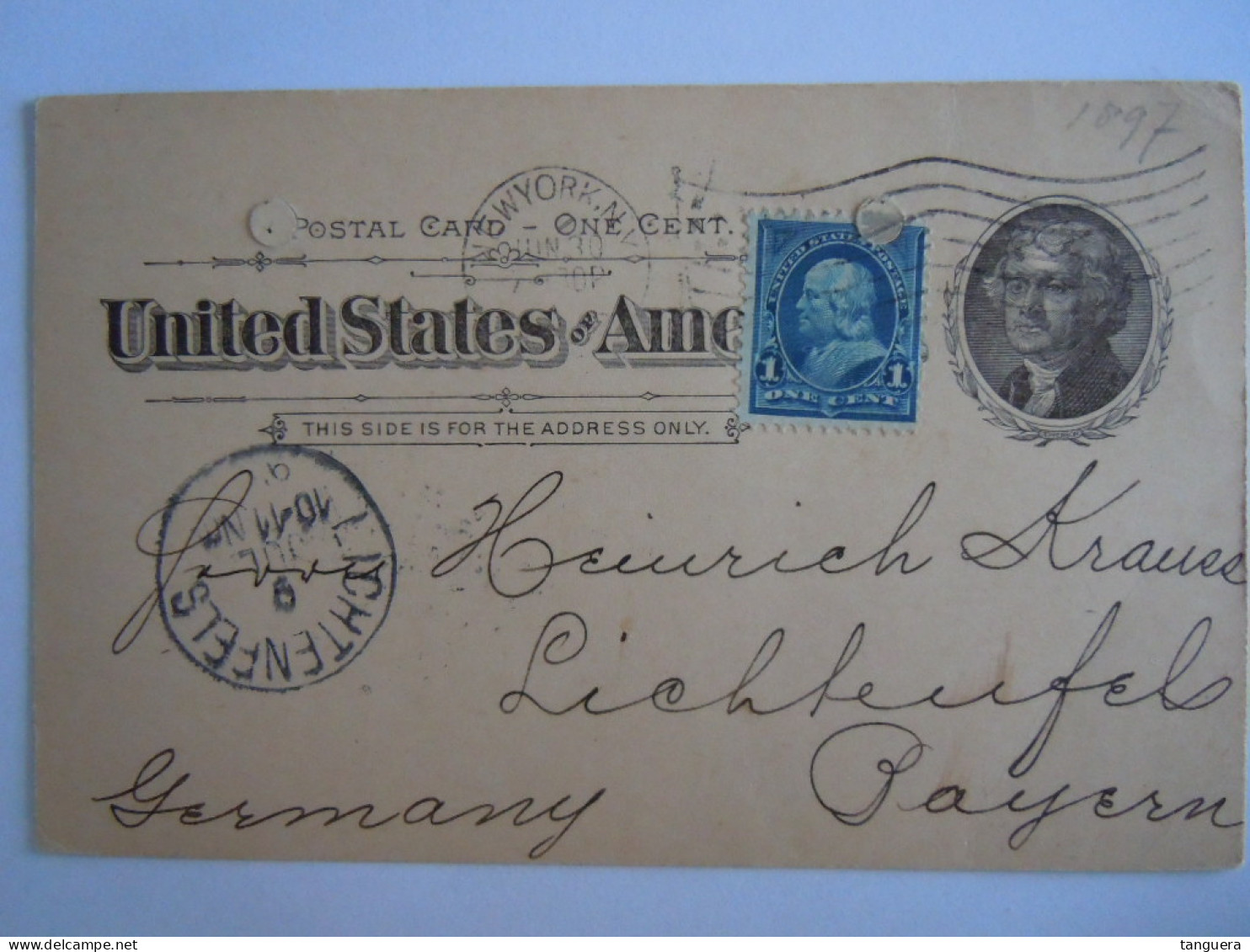 USA Jun 1897 Scott UX12 Postal Card + 264 Damaged NewYork, N.Y. To Lichtenfels Germany Entier Ganzsache - ...-1900
