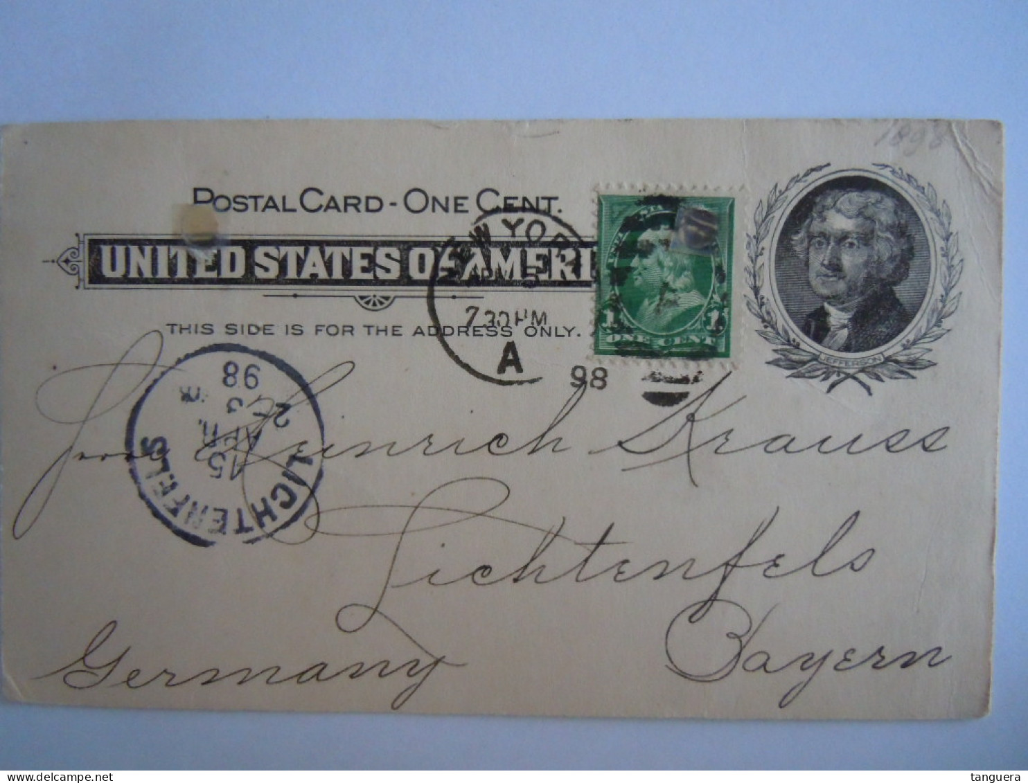 USA Apr1898 Scott UX14 Postal Card + 279 Damaged NewYork, N.Y. To Lichtenfels Germany Entier Ganzsache - ...-1900