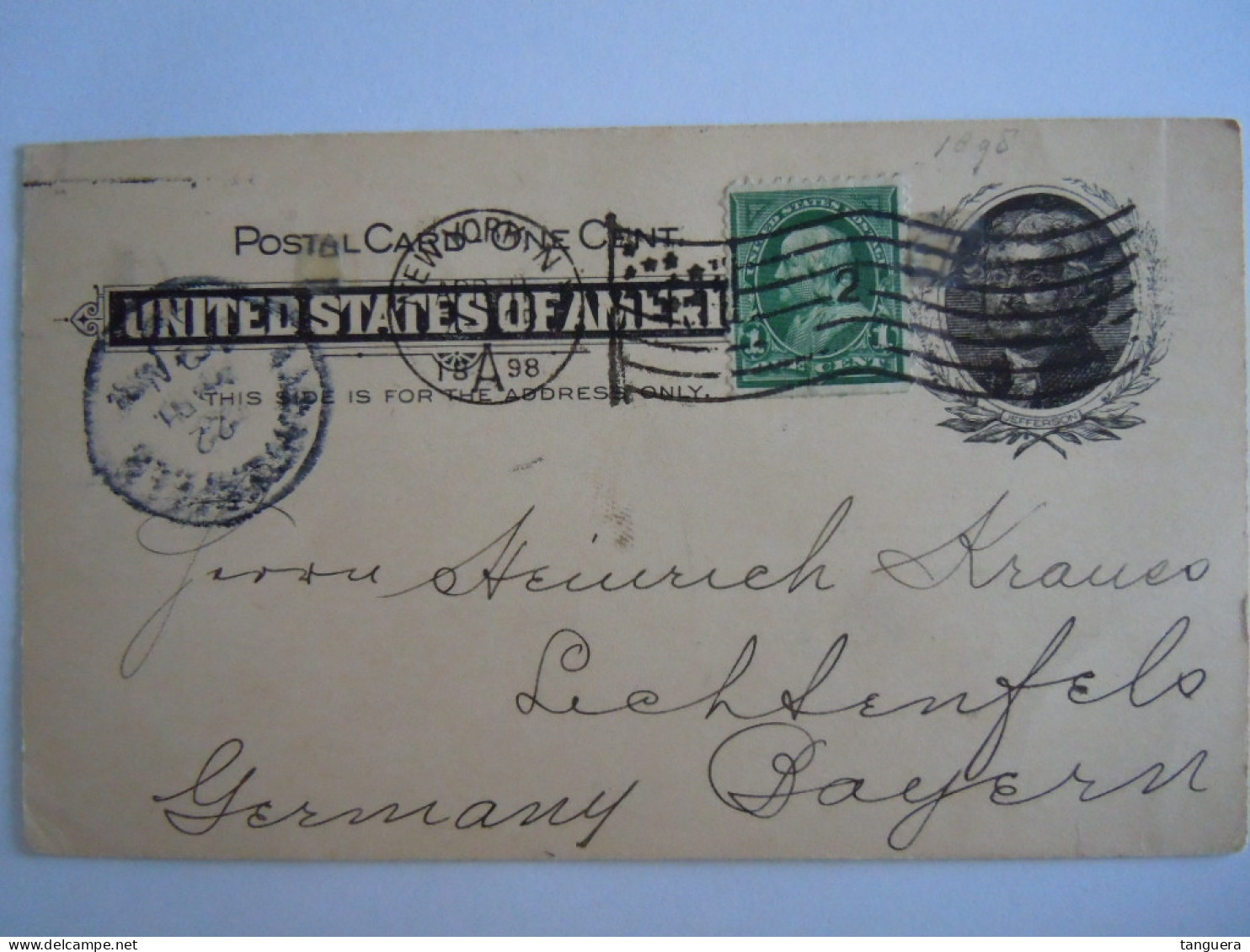 USA Apr 1898 Scott UX14 Postal Card + 279 Damaged NewYork, N.Y. To Lichtenfels Germany Entier Ganzsache - ...-1900