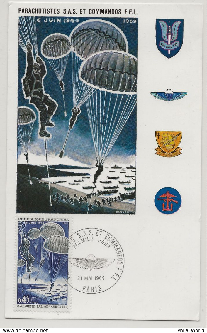 FRANCE 1969 Carte Maximum Parachutistes SAS Commandos FFL Premier Jour 6 Juin 1944 Paris - 1960-1969