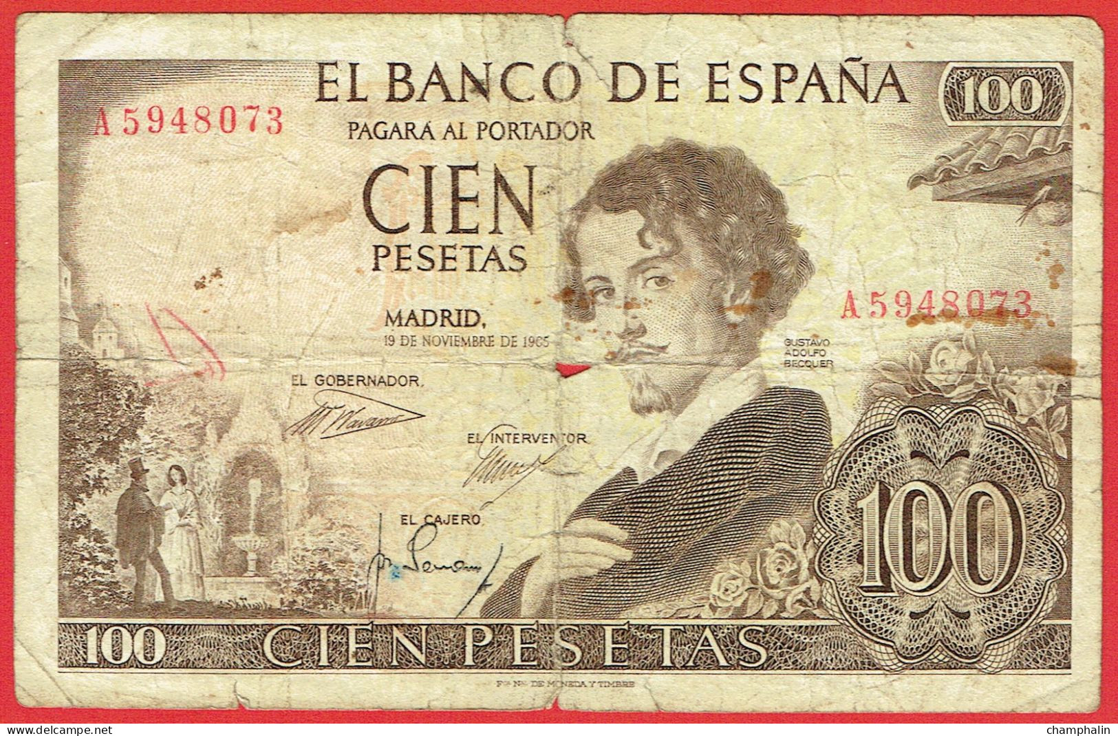 Espagne - Billet De 100 Pesetas - Gustavo Adolfo Becquer - 19 Novembre 1965 - P150 - 100 Peseten