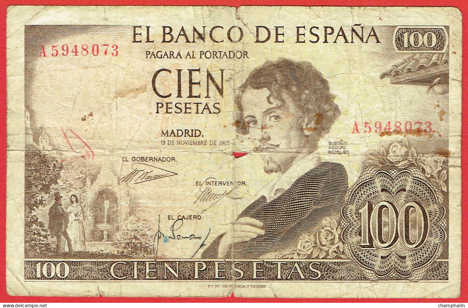 Espagne - Billet De 100 Pesetas - Gustavo Adolfo Becquer - 19 Novembre 1965 - P150 - 100 Pesetas