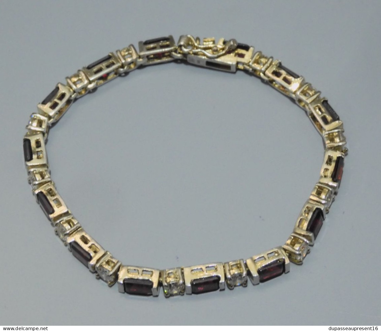 -ANCIEN BRACELET ARGENT VERMEIL Poinçon 925° & FAS + PIERRES ROUGES & cristal   E