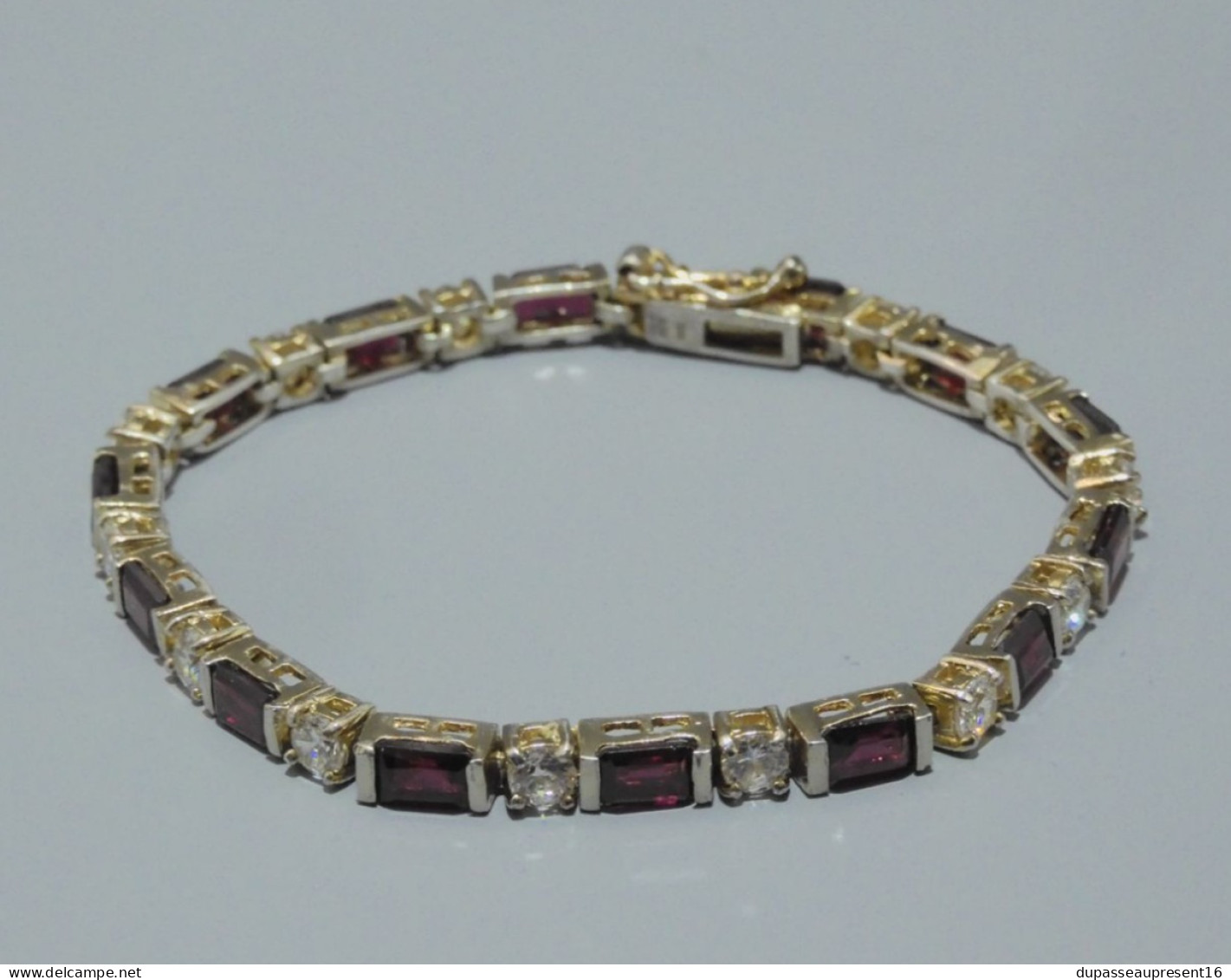 -ANCIEN BRACELET ARGENT VERMEIL Poinçon 925° & FAS + PIERRES ROUGES & cristal   E