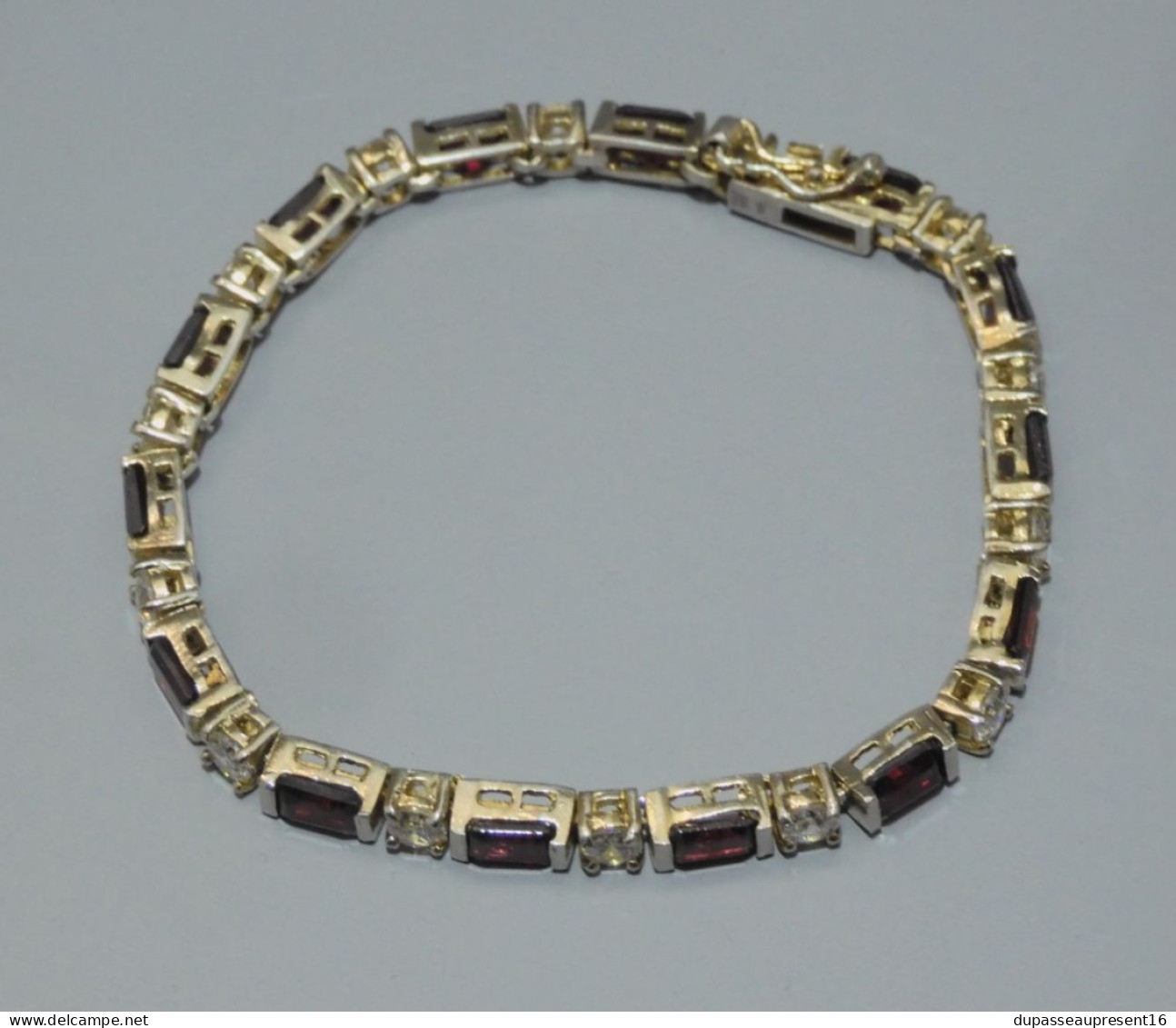 -ANCIEN BRACELET ARGENT VERMEIL Poinçon 925° & FAS + PIERRES ROUGES & cristal   E