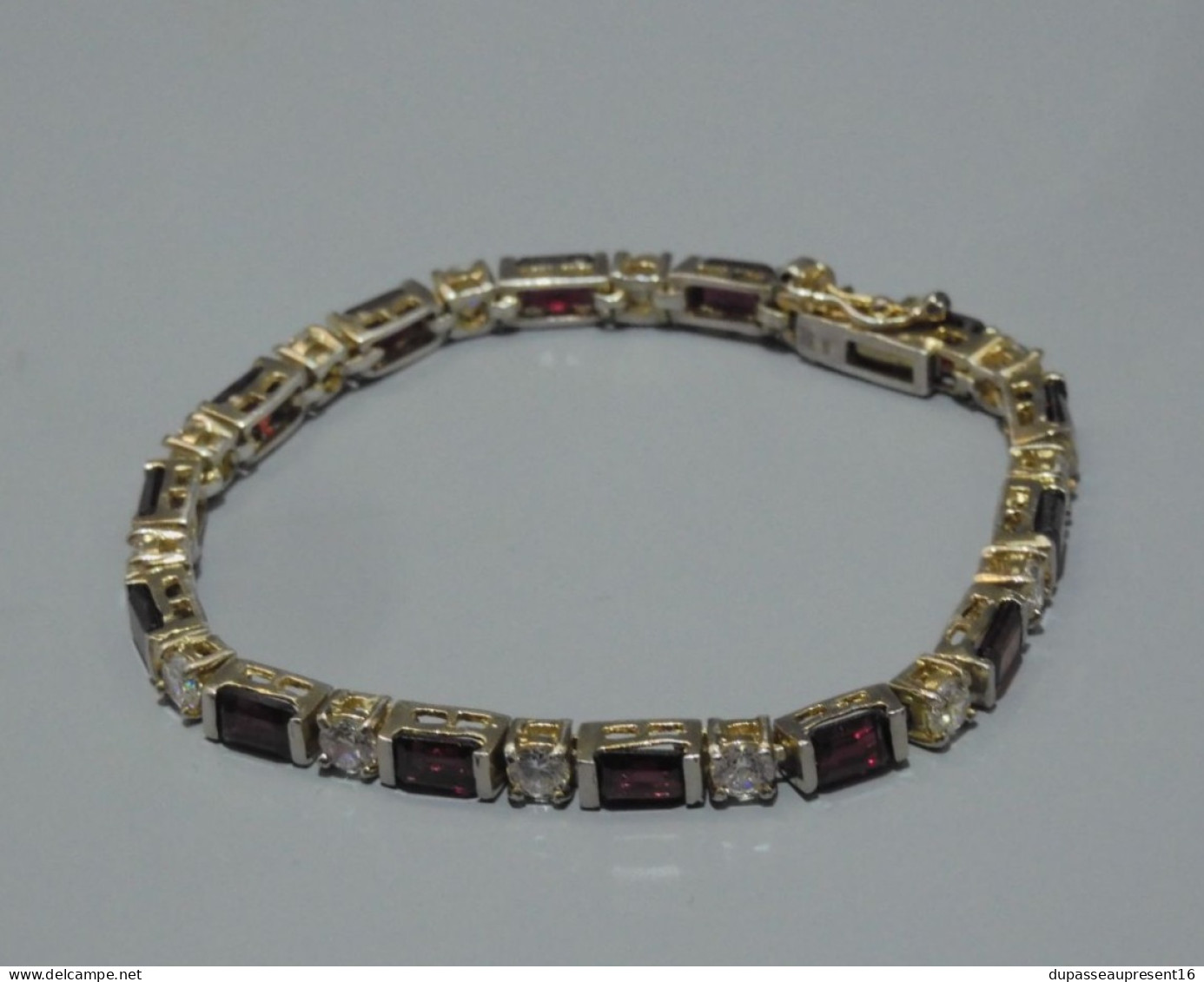 -ANCIEN BRACELET ARGENT VERMEIL Poinçon 925° & FAS + PIERRES ROUGES & cristal   E