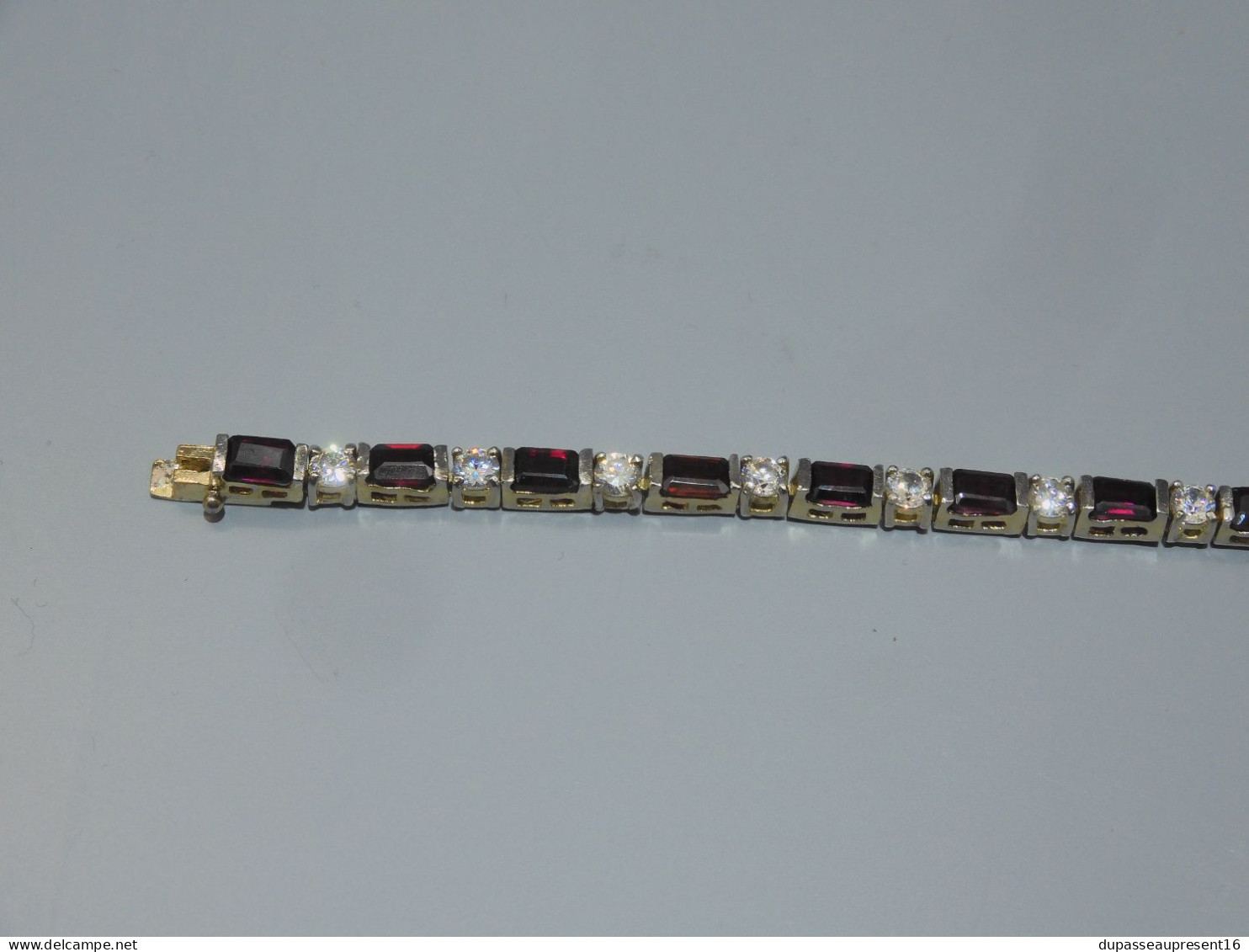 -ANCIEN BRACELET ARGENT VERMEIL Poinçon 925° & FAS + PIERRES ROUGES & cristal   E