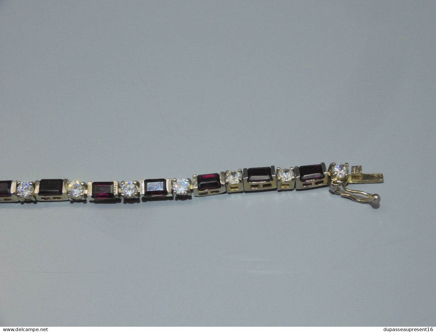 -ANCIEN BRACELET ARGENT VERMEIL Poinçon 925° & FAS + PIERRES ROUGES & cristal   E