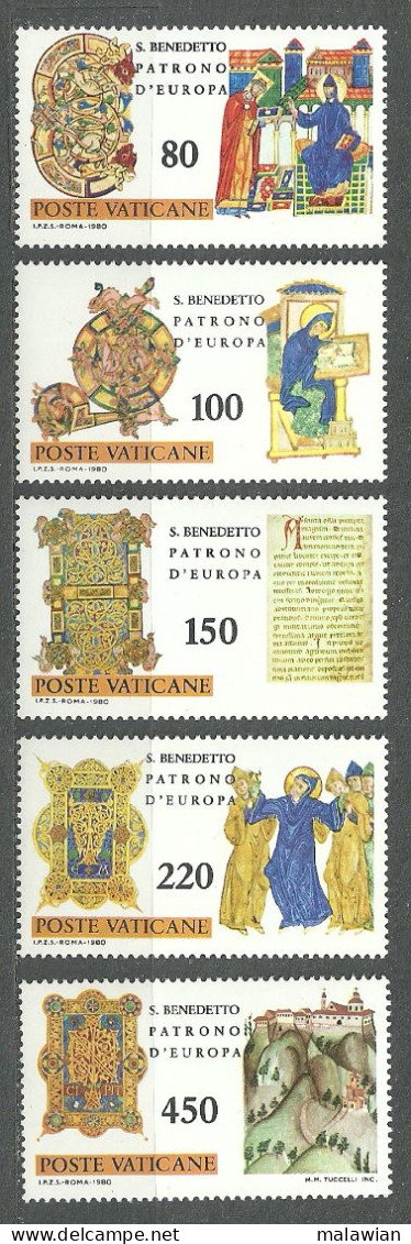 Vatican, 1980 (#758-62a), St. Benedict Patron Of Europe, Painting Of Monte Cassino Monastery, Scripts - 5v - Teologi