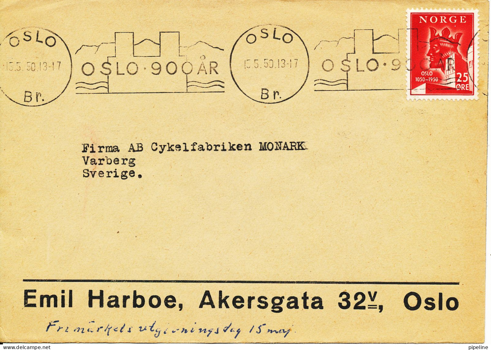 Norway Cover Sent To Denmark 15-5-1950 Oslo 900 Ar (Emil Harboe Akersgata 32 V. Oslo) Cover Damaged On The Backside By O - Brieven En Documenten