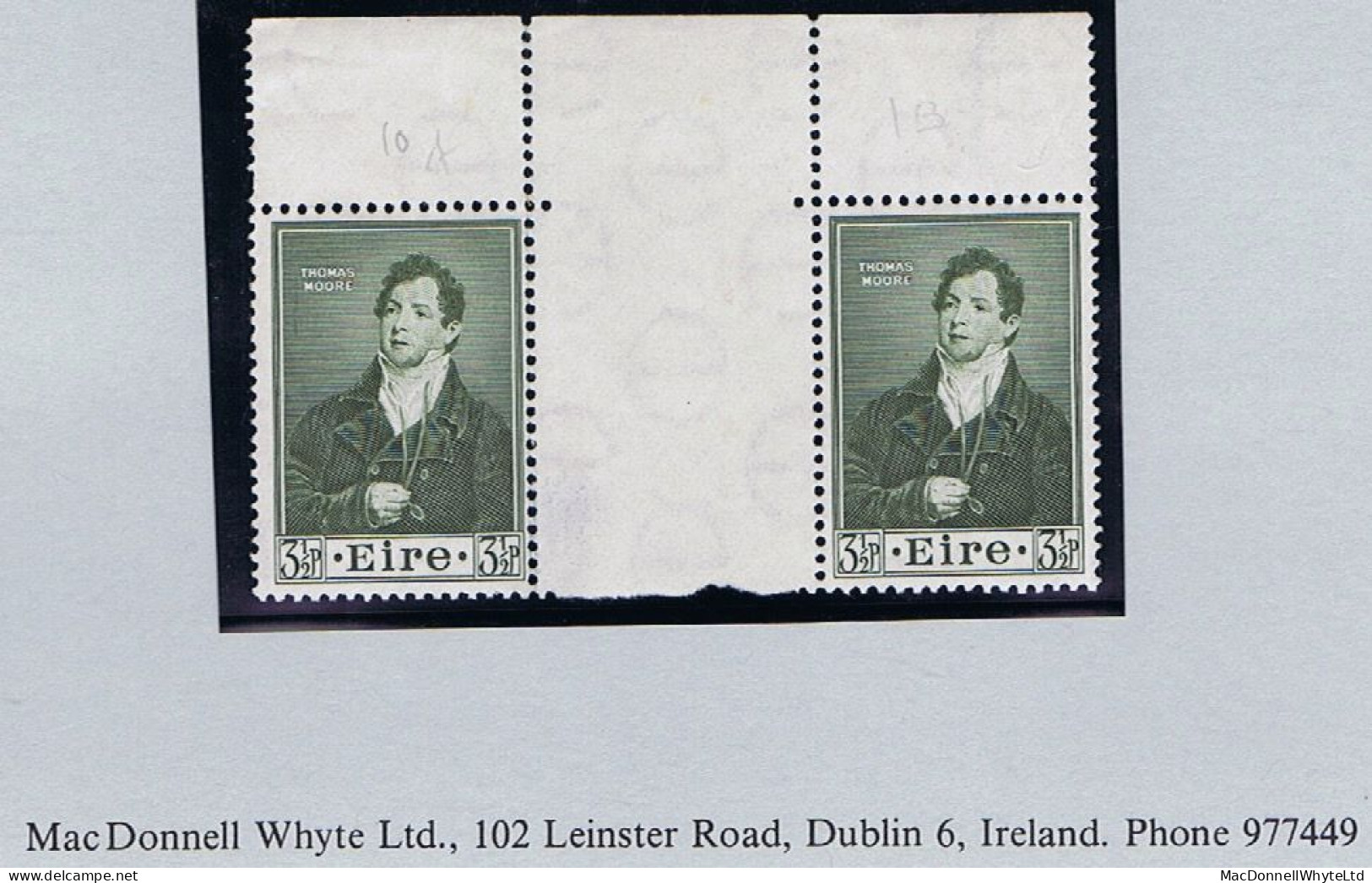 Ireland 1952 Thomas Moore 3½d  Top Marginal Gutter Pair Mint Unmounted, Slight Creasing - Unused Stamps