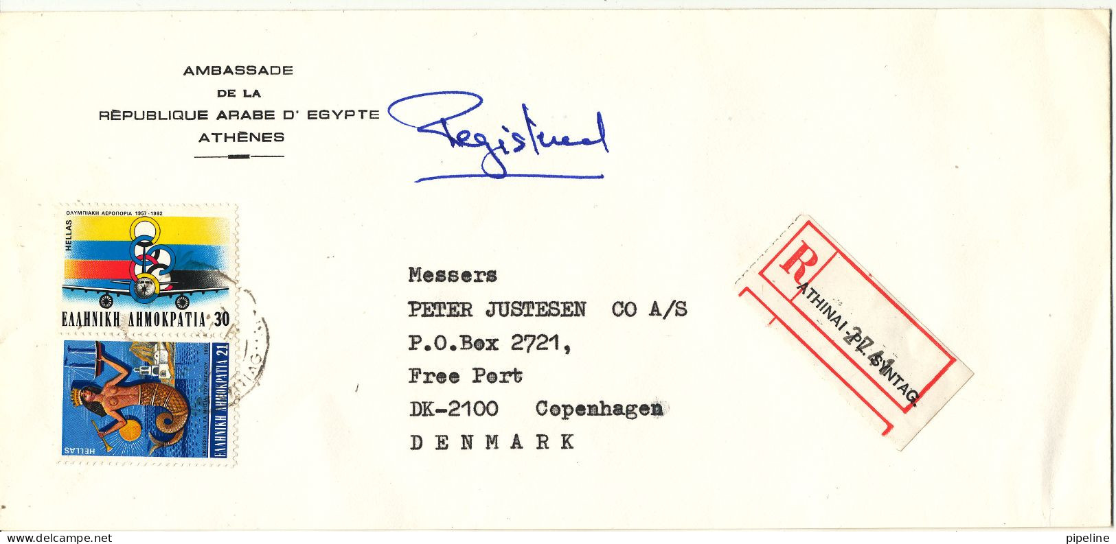 Greece Registered Cover Sent To Denmark 1982 Topic Stamps (sent From The Embassy Of Egypt Athenes) - Storia Postale