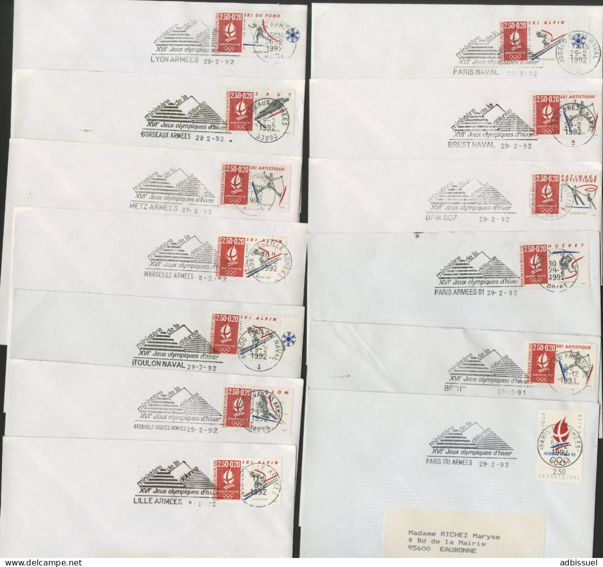 POSTES AUX ARMEES JEUX OLYMPIQUES D'ALBERVILLE 13 Oblitérations Différentes Avec Timbre Concordant Voir Suite - Hiver 1992: Albertville