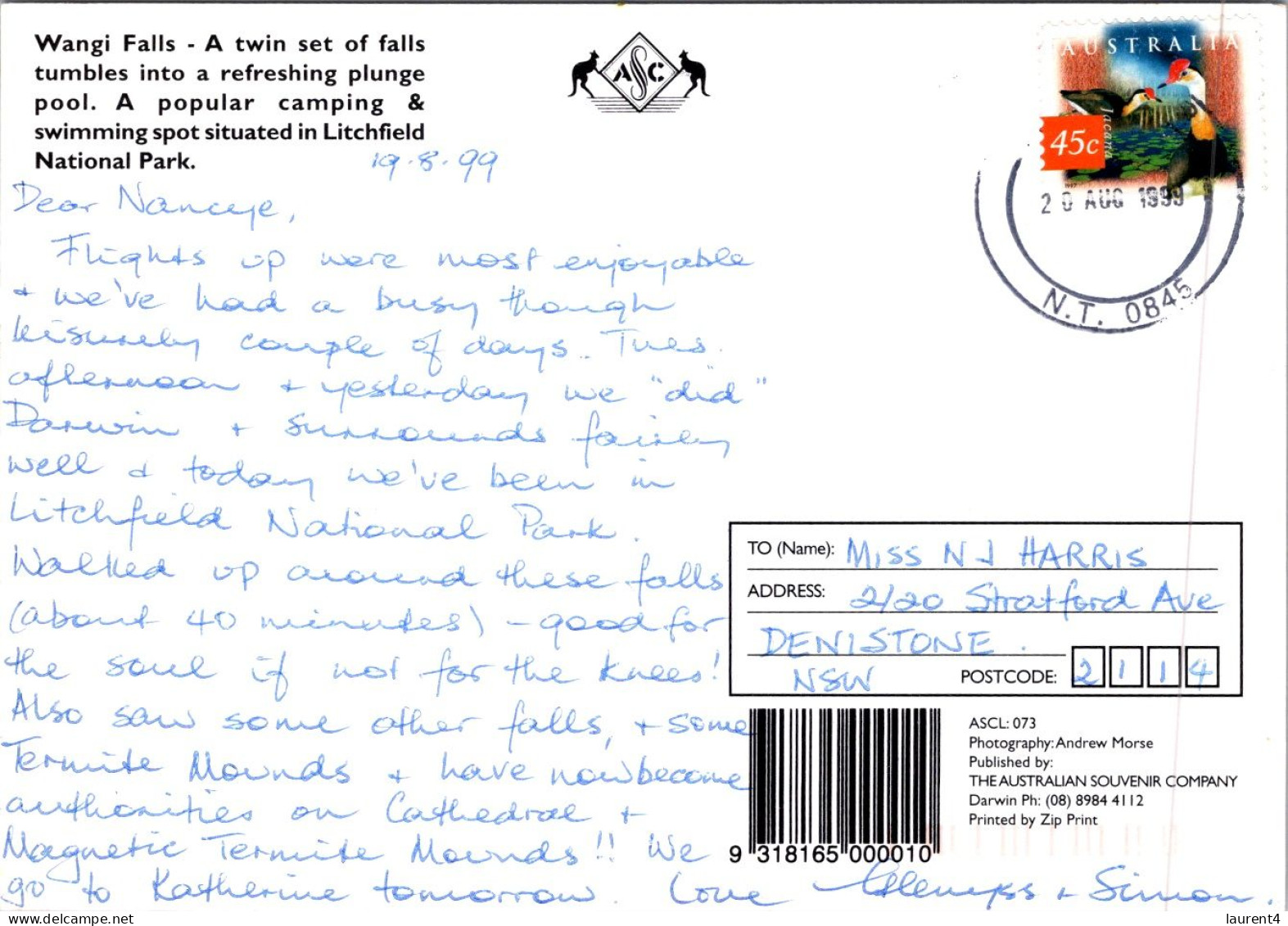 14-11-2023 (2 V 13) Australia (posted 1999) NT - Wangi Falls - Unclassified